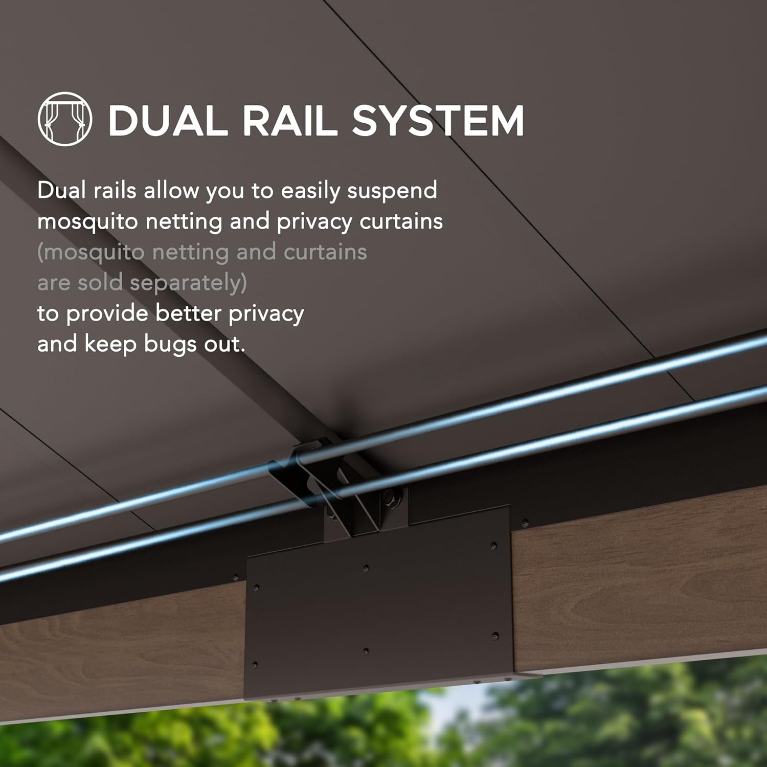 Close-up of the dual rail system for curtains and netting in the Sunjoy gazebo