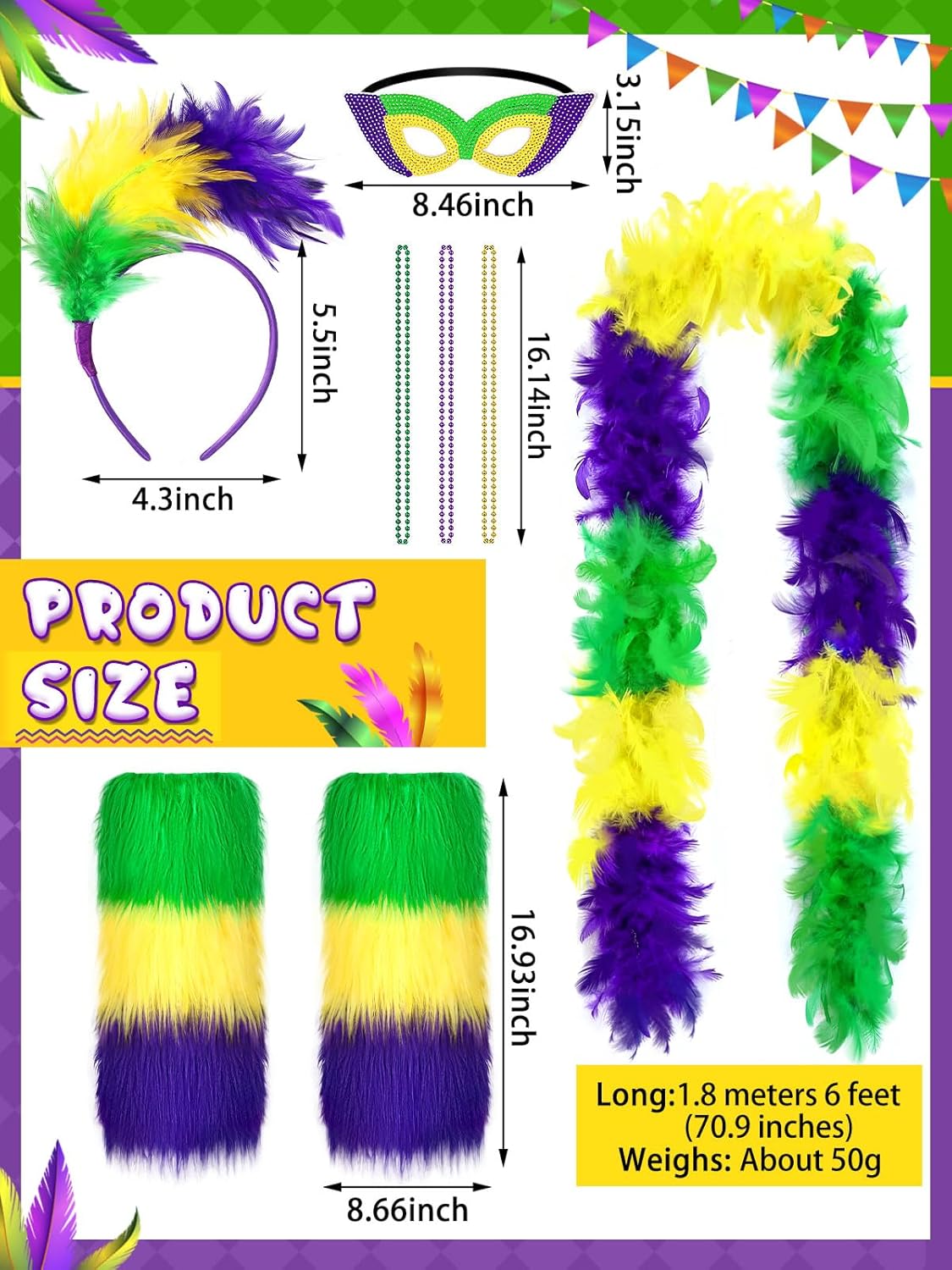 JULBEAR Mardi and Gras Accessory Costume, Purple Green Gold Accessories for Women with Feather Leg Warmers Headband Boa Eye Patch Carnival Outfits Party Favors Masquerade Parade Cosplay - Image 3
