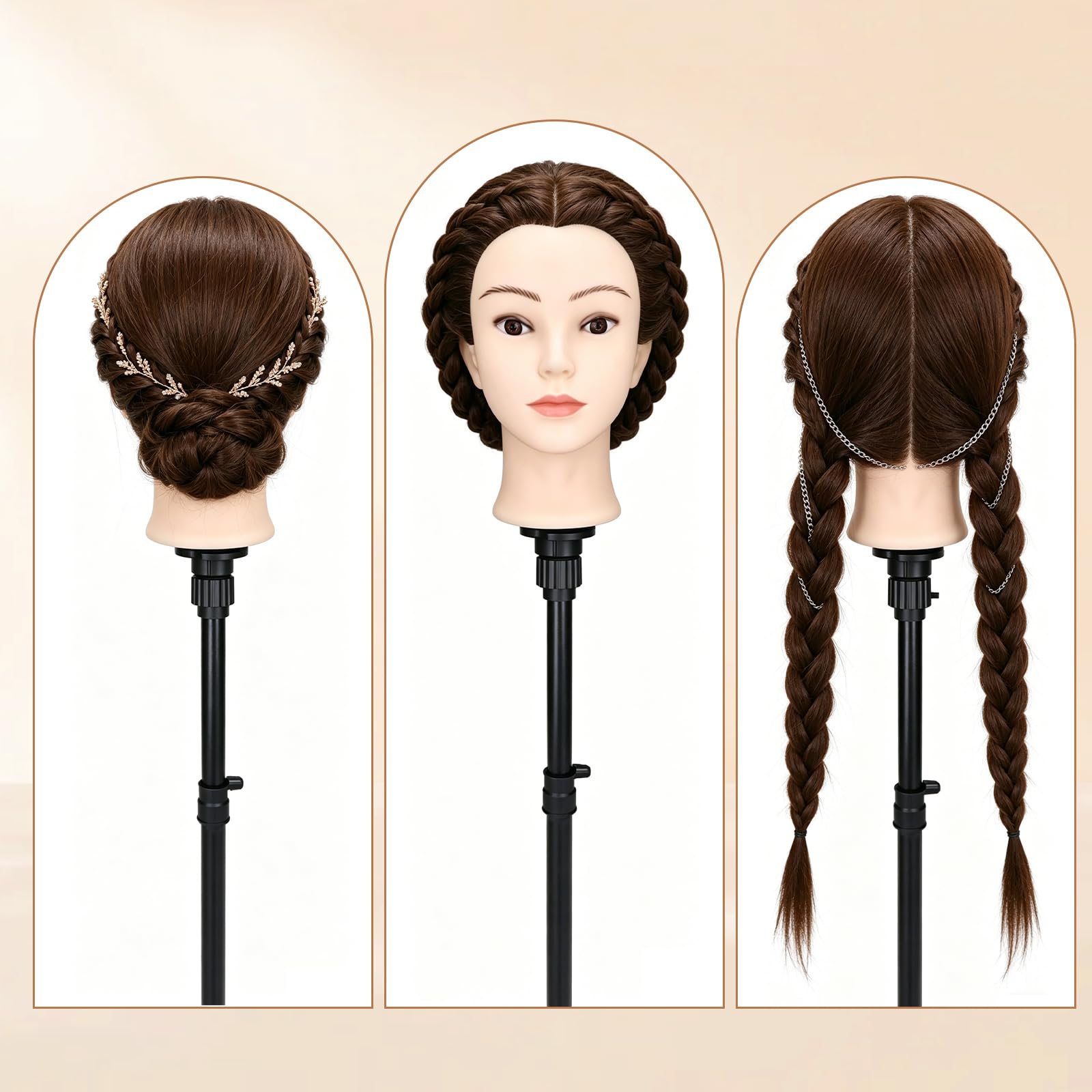 Yofuly 24Zoll 61cm Frisierkopf mit Ohrlöchern 80% Echthaar Übungskopf Friseur Mannequin Kopf mit Tischklemme DIY-Zopfset Braun