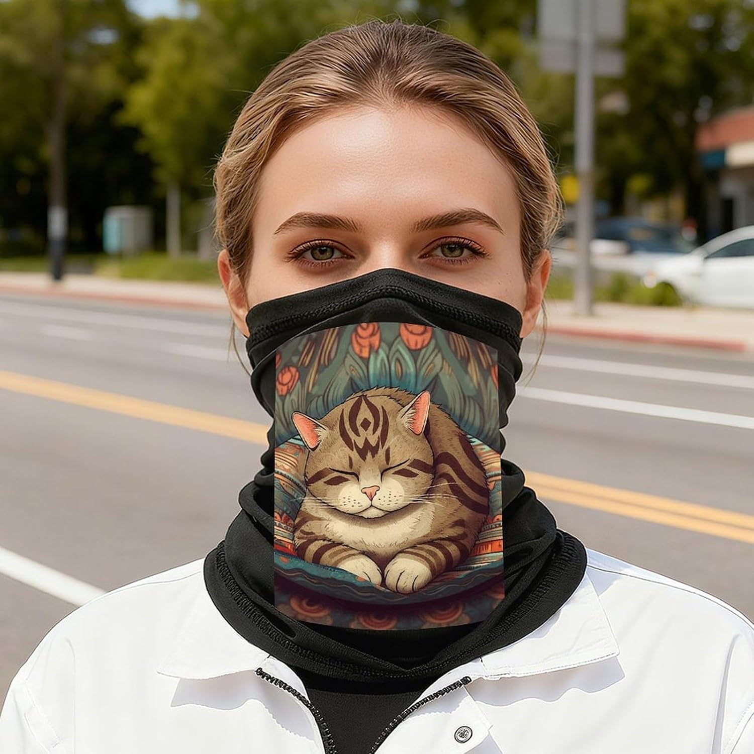 Cat Sleeps on The Mat Neck Gaiter Face Mask UV Protection for Men Women, Breathable Quick Dry Face Cover Bandana Outdoor Sports Balaclava Wind-Proof for Hiking Skiing Motorcycle Cycling
