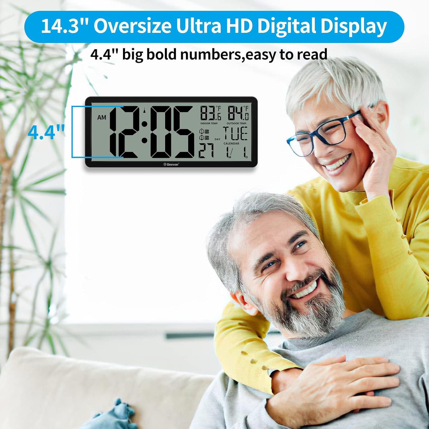 Geevon Atomic Clock,14.5"Large Digital Wall Clock Battery Operated with Dual Alarm Clock, Indoor Outdoor Temperature, 4.4"Jumbo Digits, Day and Date for Home Bedroom Office Elderly (1 Outdoor Sensor)