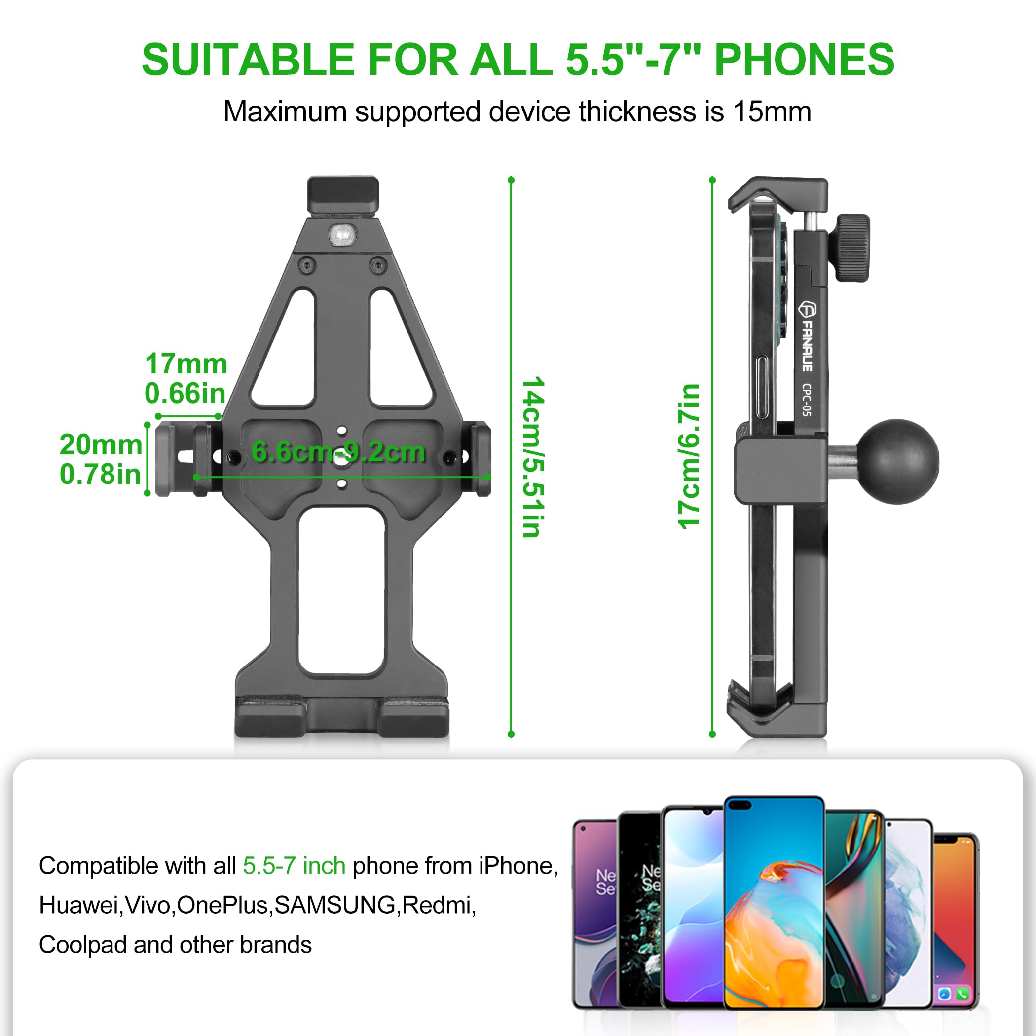 FANAUE Supporto per cellulare con testa a sfera da 1 pollici, compatibile con RAM Mount B, braccio a doppia presa e supporto per telefono da 5,5 – 7", pulsante anti-allentamento, doppia protezione.