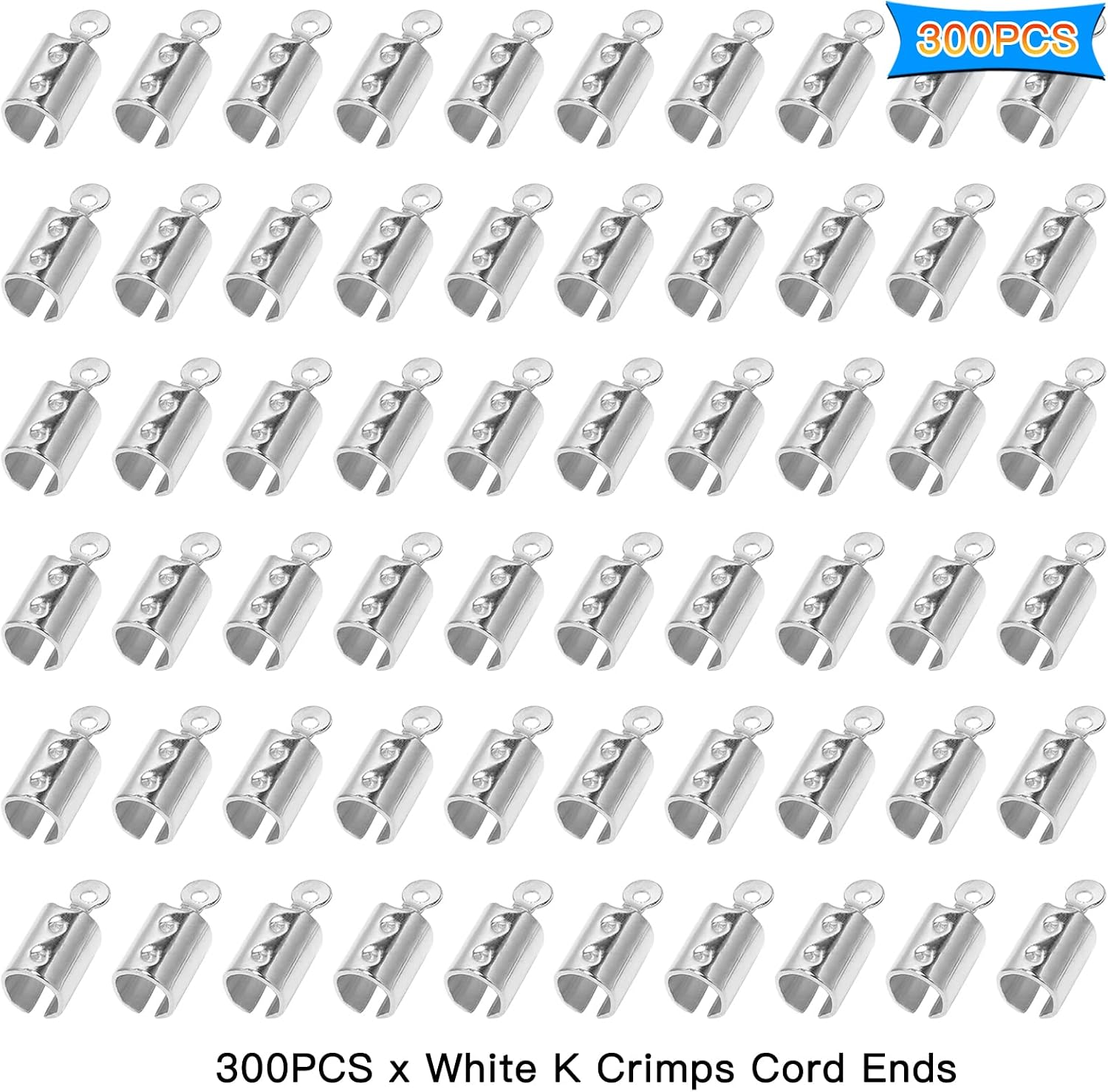 300Pcs White K Fold Over Cord Ends, Crimp Tips, Leather Ribbon Ending Clasp, Caps, Clamp Jewelry Connector Components for DIY Necklace Bracelet Making, 12x5mm