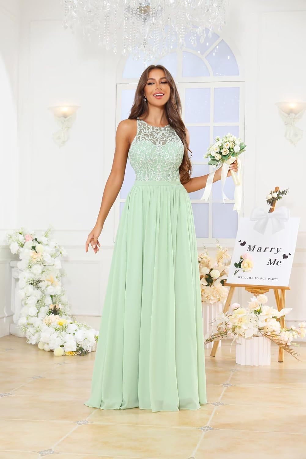 Chiffon Bridesmaid Dresses for Wedding Halter Lace Long Formal Dress for Women