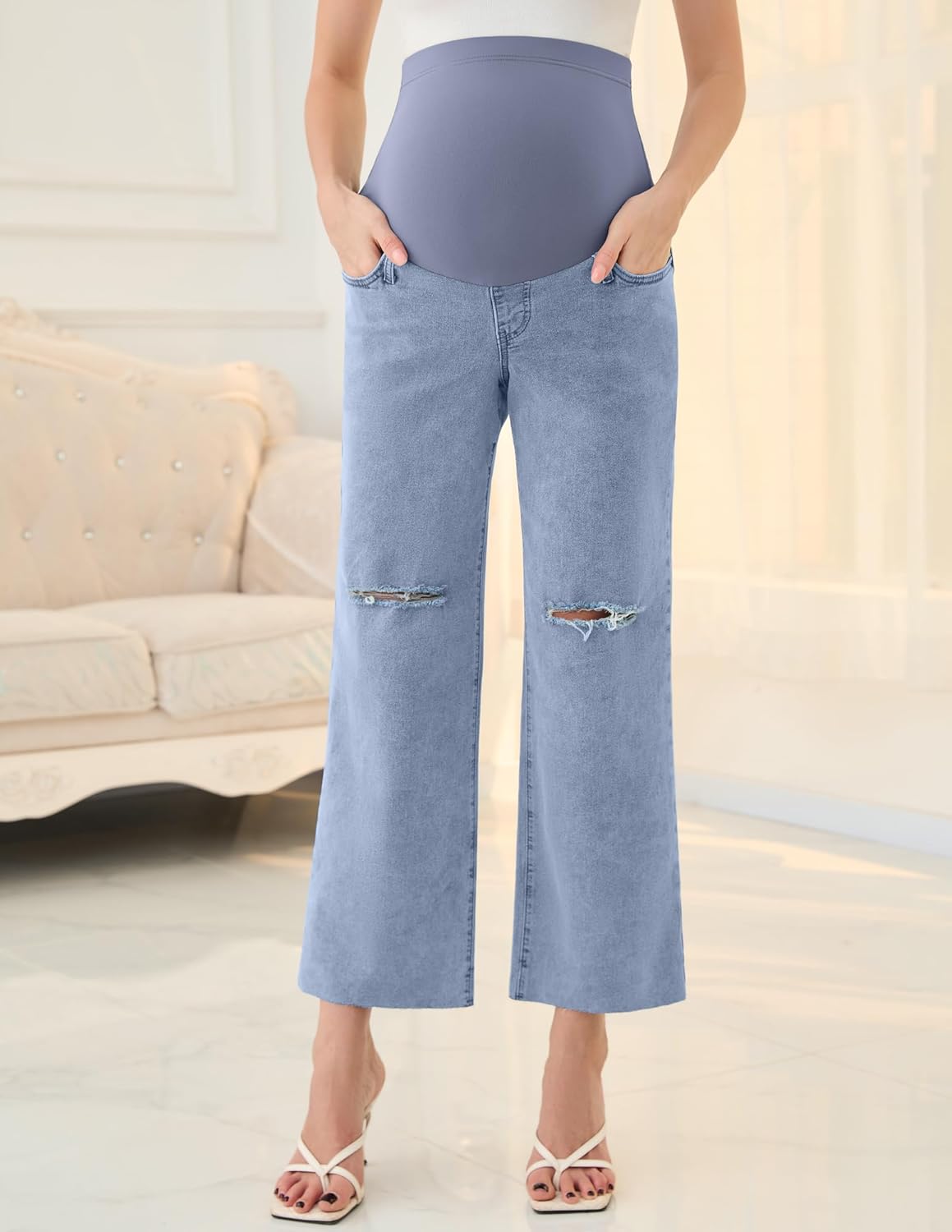 fitglam Women's Maternity Jeans Straight Leg Relaxed Fit Over Belly Pregnancy Denim Work Pants Maternity Clothes with Pockets - Image 8