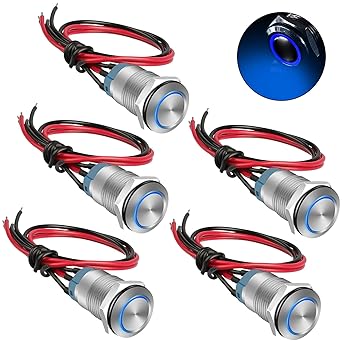 5Pcs 12mm 12V Waterproof ON Off Latching Push Button Switch with Wiring Harness and Led Indicator Light, 24V Pre-Wired SPDT Self-Locking 4 Pin Marine Metal Switch for Boats Cars Truck (Blue)