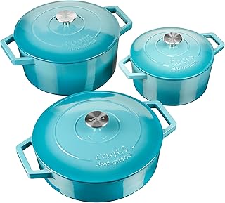Cooks Professional Cast Iron Casserole Set of 3 | 20cm, 26cm & 28cm | 2.8L, 5.8L & 4.3L Dishes | Enamelled Cast Iron Pans with Lids | Enamelled Interior | for All Hob Types | Graduated Teal