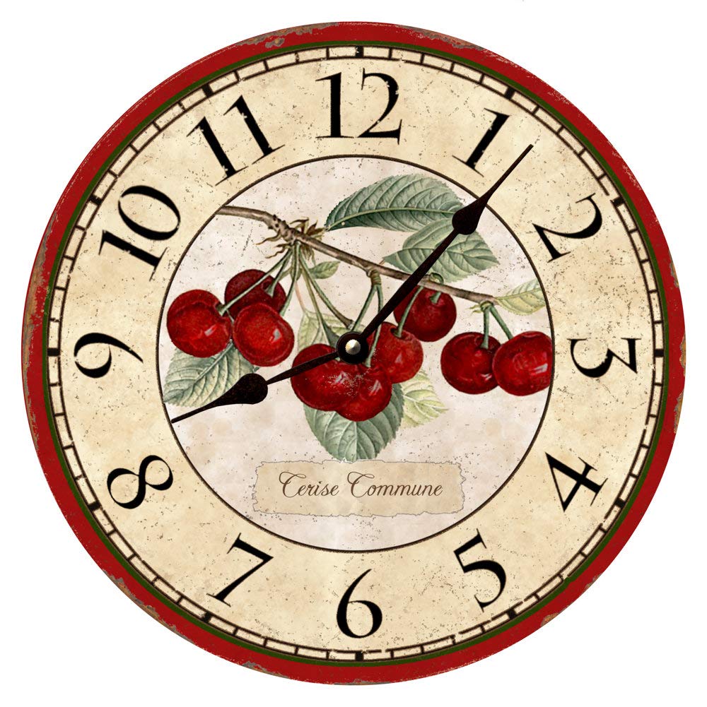 Cherry Wood Clock Fruit Cherry Kitchen Wall Clock Quality Quartz Battery Clock Silent Vintage Farmhouse Rustic Decor for Living Room Bedroom Office Classroom 12Inch Birthday Housewarming Gift