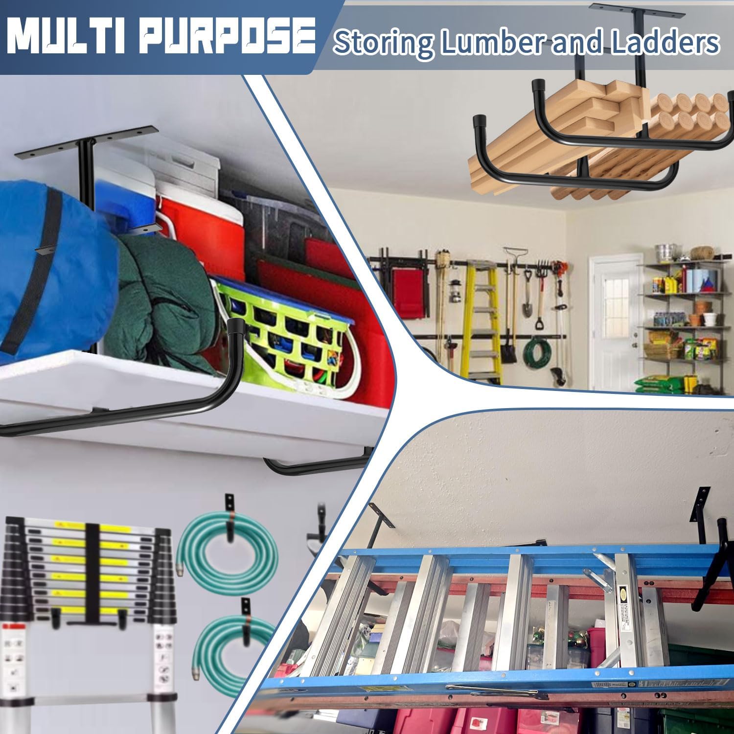 Garage Ceiling Hooks with 12 Hooks Set, Heavy Duty Wall and Overhead Organization System for Multiple Bikes, Ladders, Tools, Overhead Ceiling Rack