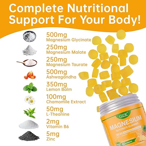 Miniatura 5 de Gomitas de glicinato de magnesio de 500 mg  Gomitas de magnesio con sabor a piña sin azúcar para dormir, estrés, apoyo muscular y nervioso  Veganas,