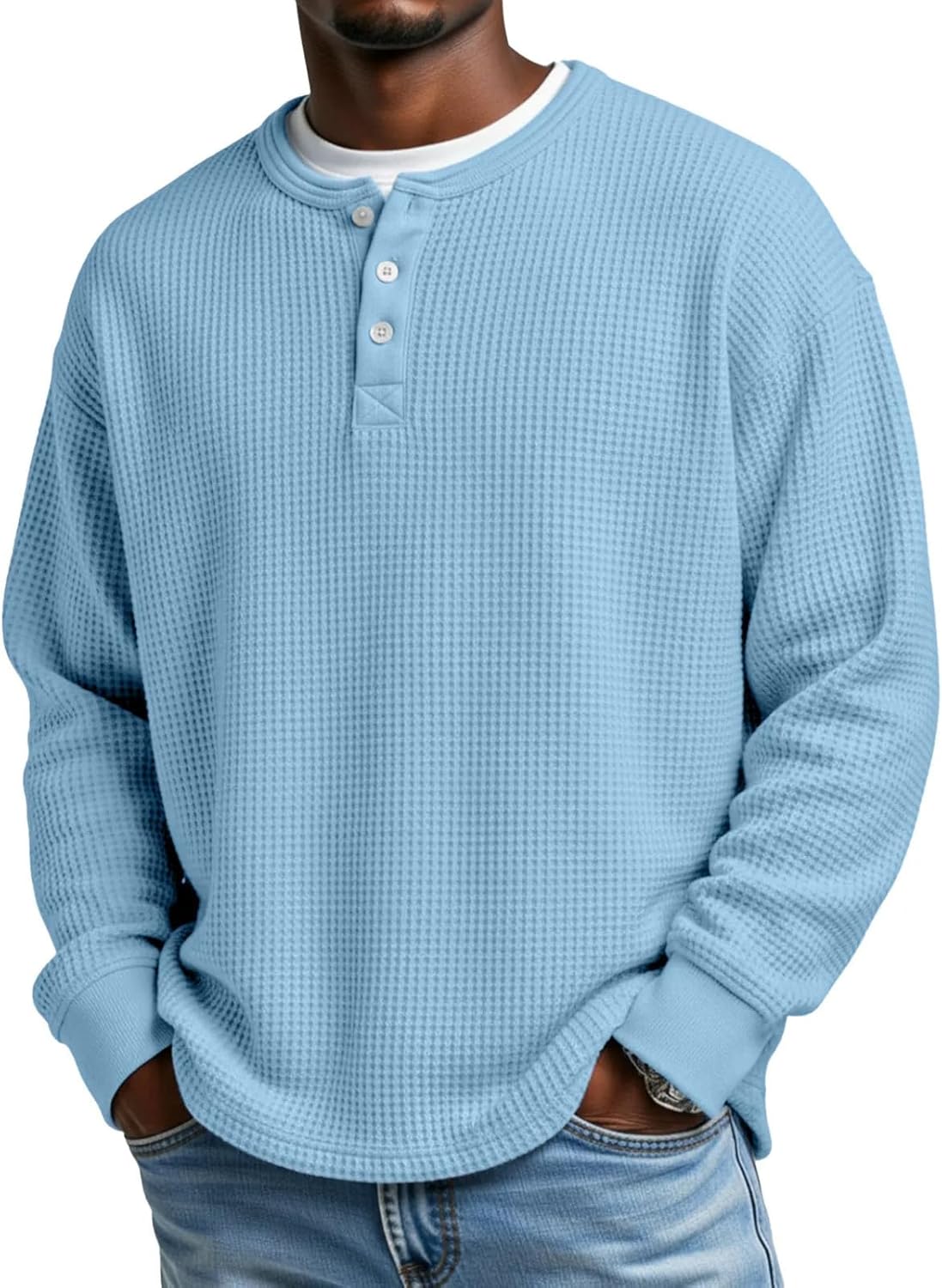Men Henley Long Sleeve Knit Pullover Casual Crew Neck Lightweight Shirt with Button Placket for Everyday