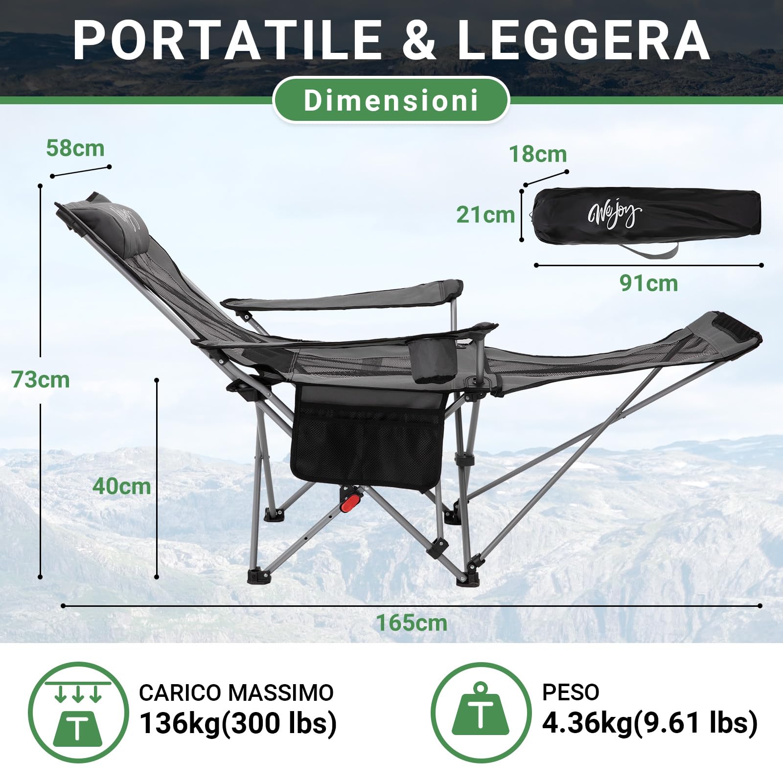 #WEJOY Set di 2 Sedia da Campeggio Pieghevole Reclinabile, Sedia Sdraio da Spiaggia Portatile, Schienale Regolabile, Poggiapiedi Staccabile, Sedia Pieghevole per Esterno Giardino Pesca, Grigio Scuro