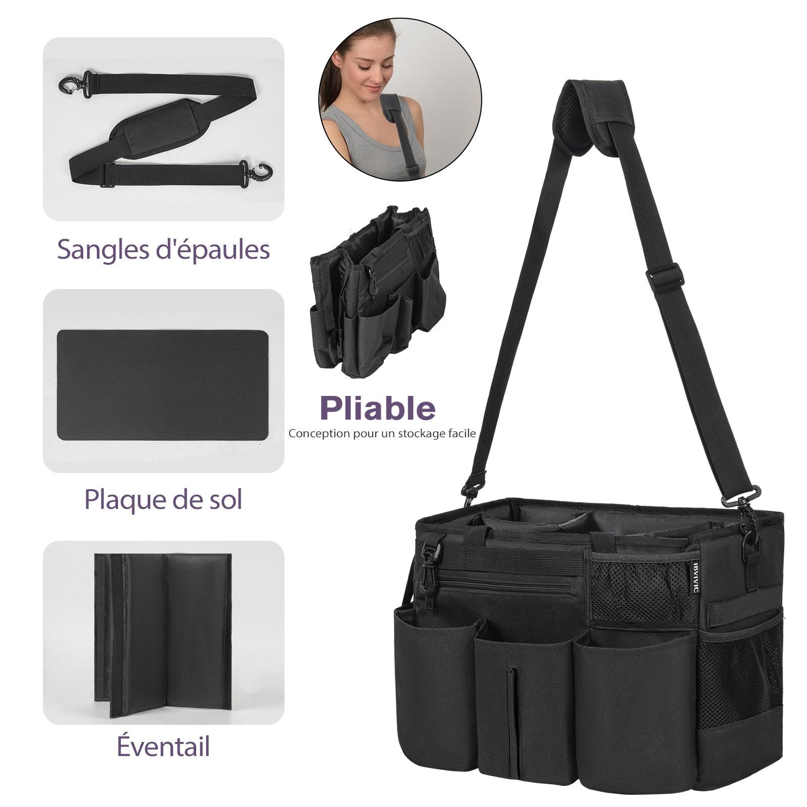 OUUTMEE Sac de Nettoyage avec Séparateurs Amovibles, Organisateur de Nettoyage Portable avec Poignées et Bandoulière Réglable, Sac Fourre-tout de Nettoyage pour Maison, Femmes de Ménage, Noir (Grande) | Organiseur portable pour produits de nettoyage, band