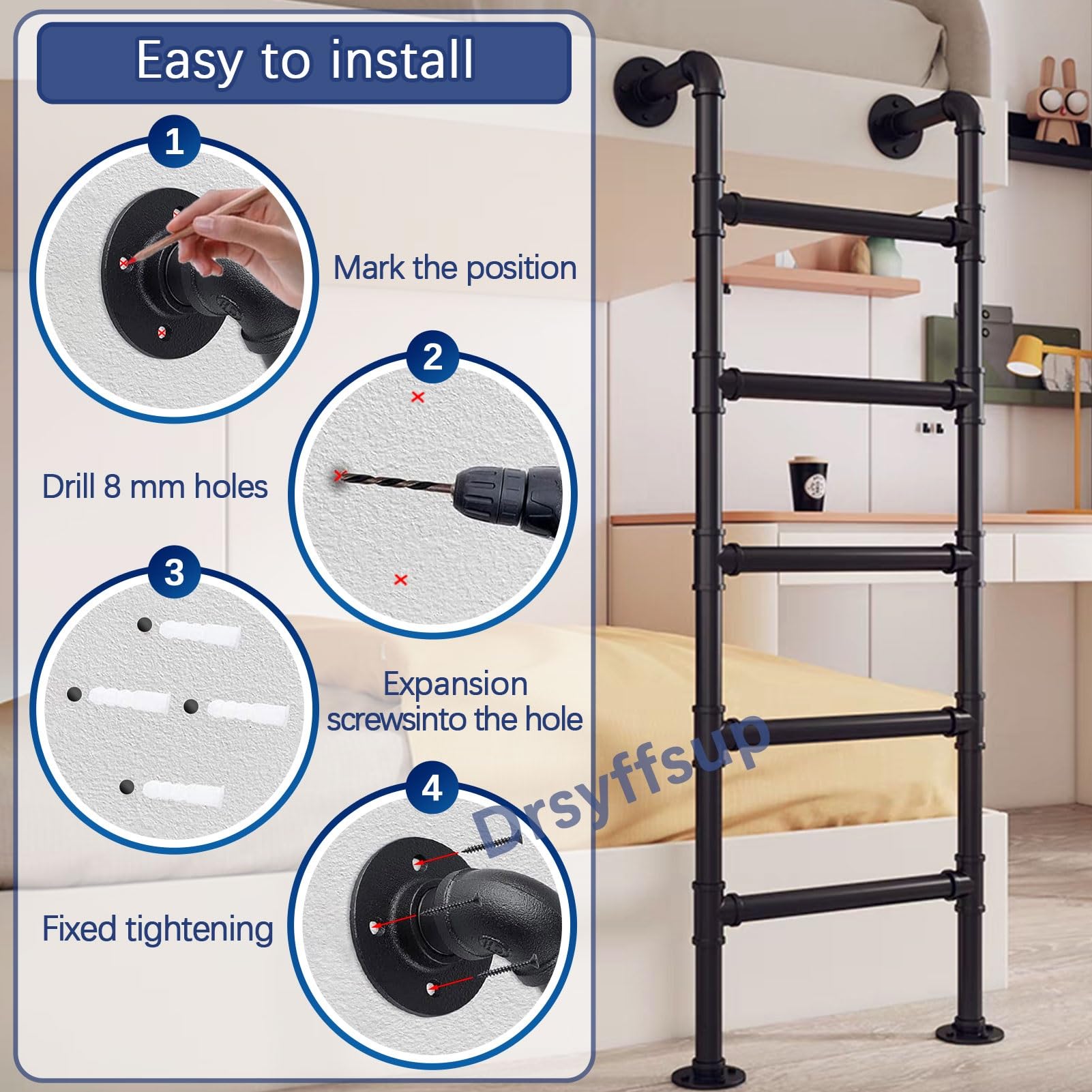 Escalera para literas de Metal Negro para Loft de casa, Escalera de Entrada y Salida de 3,3 a 9,8 pies de Altura, escaleras Colgantes de Pared Resistentes para techos, sótanos, Ven