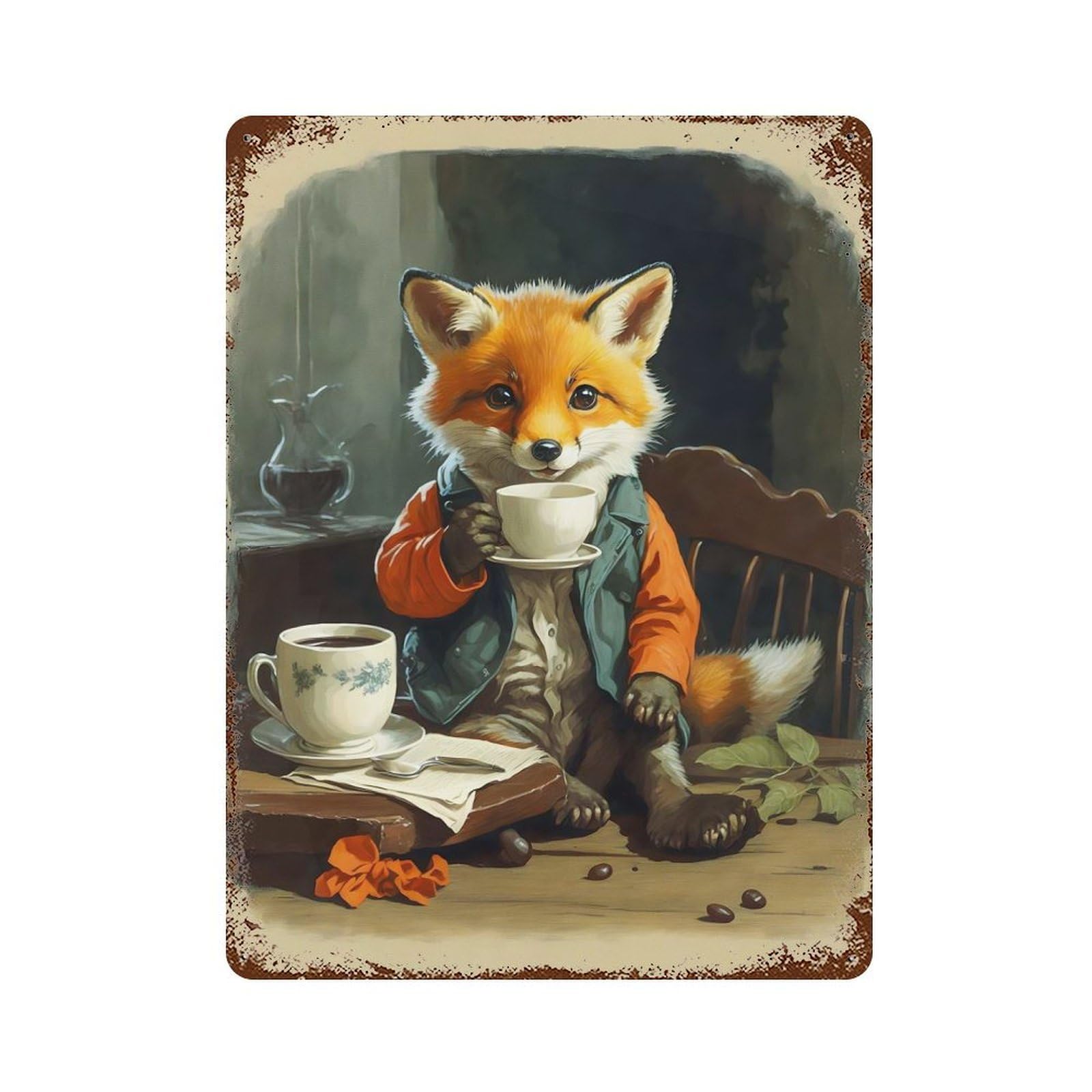 Vintage Fox Cub Coffe Vintage Wall Sign 15.7"x11.8", Rust Effect Metal Decor for Bistro, Counter And Cafe Decor