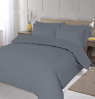 Luxury Plain Dyed Solid Colours Easy Care Duvet Cover and Pillowcase Bedding Set (Single, Grey)