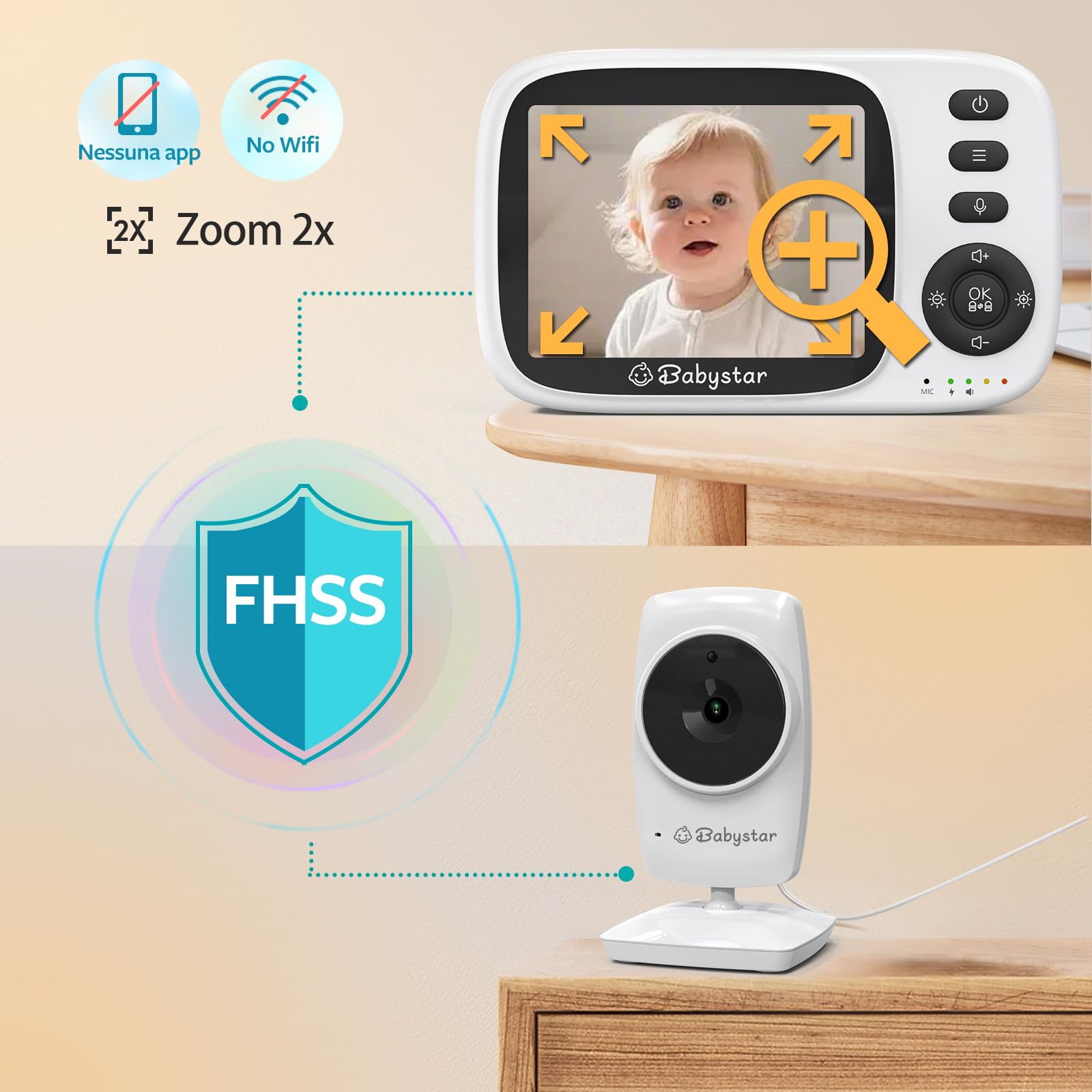 Babystar Babyphone con fotocamera Baby Monitor, schermo da 3,2 pollici, baby fone senza Wi-Fi, audio a 2 vie, batteria da 2100 mAh, 4 ninne, modalità VOX, visione notturna, sensore di temperatura