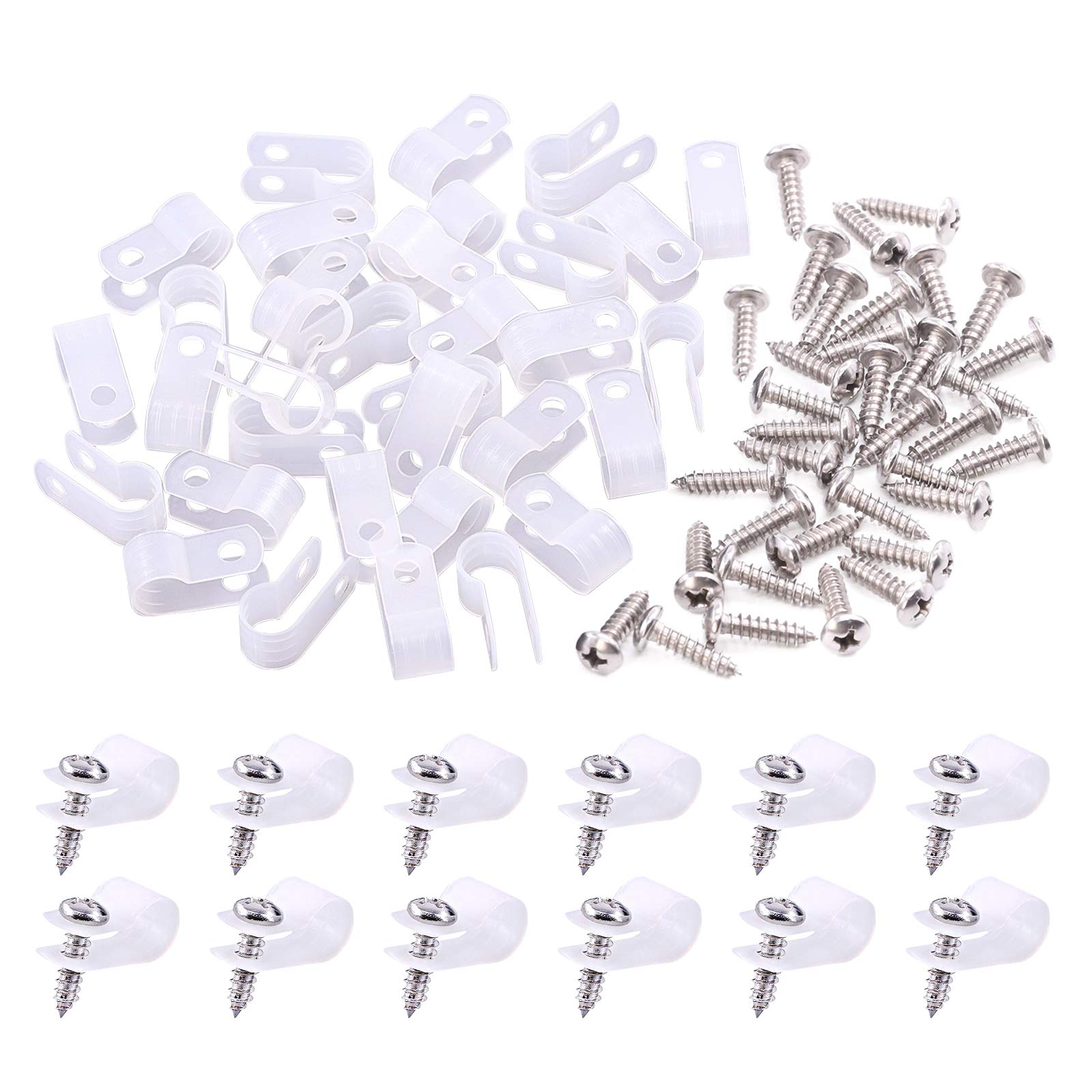 Swpeet 120 Pack White 5/16 Inch Nylon Plastic R-Type Cable Clips Clamp Kit, Nylon Screw Mounting Cord Fastener Clips with 120 Pack Screws for Wire Management (5/16 Inch, White)