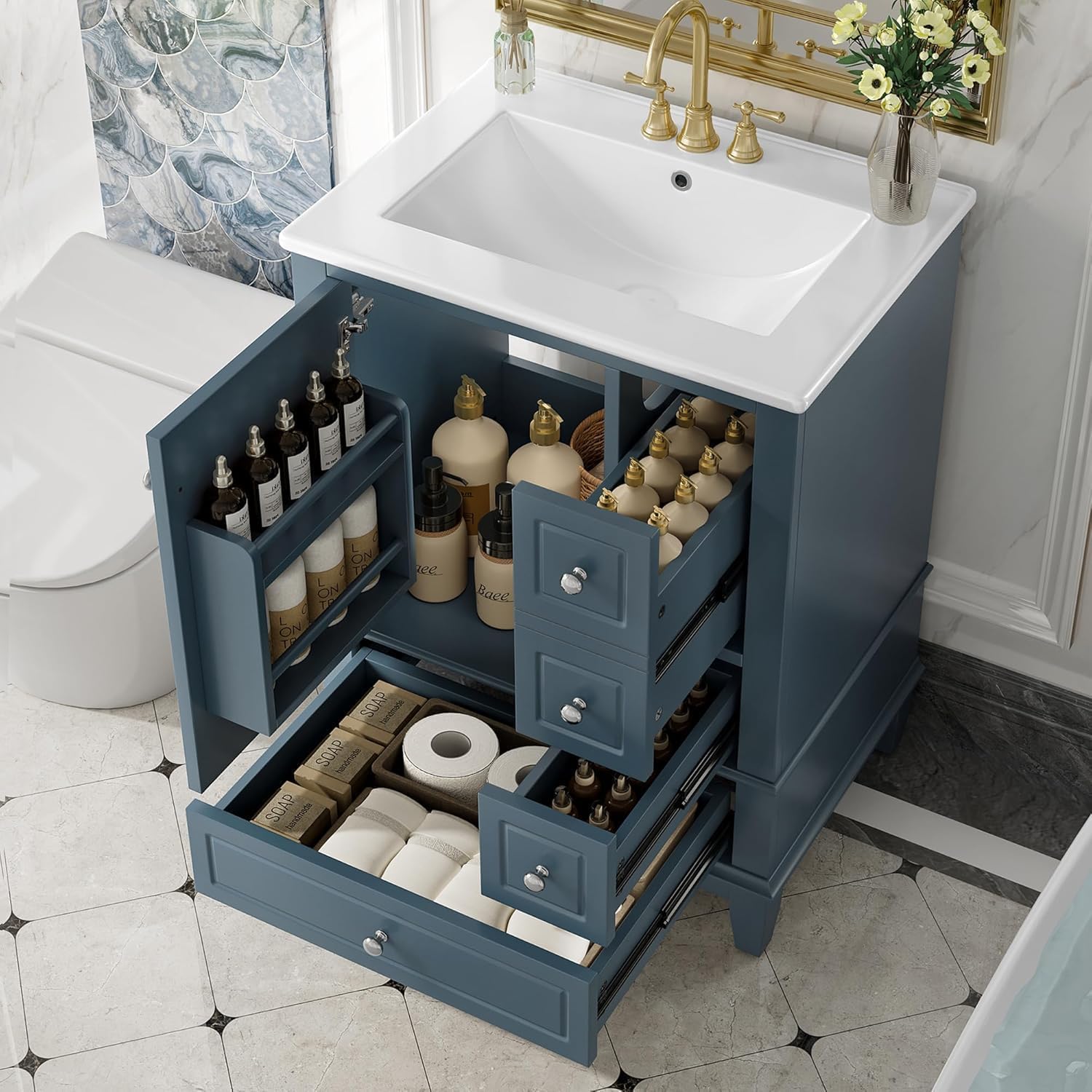 Linique 24" Bathroom Vanity with Sink Combo Set, Solid Wood Frame Bathroom Storage Cabinet with 3 Drawers, Soft Closing Door with Organizer, Blue Gray