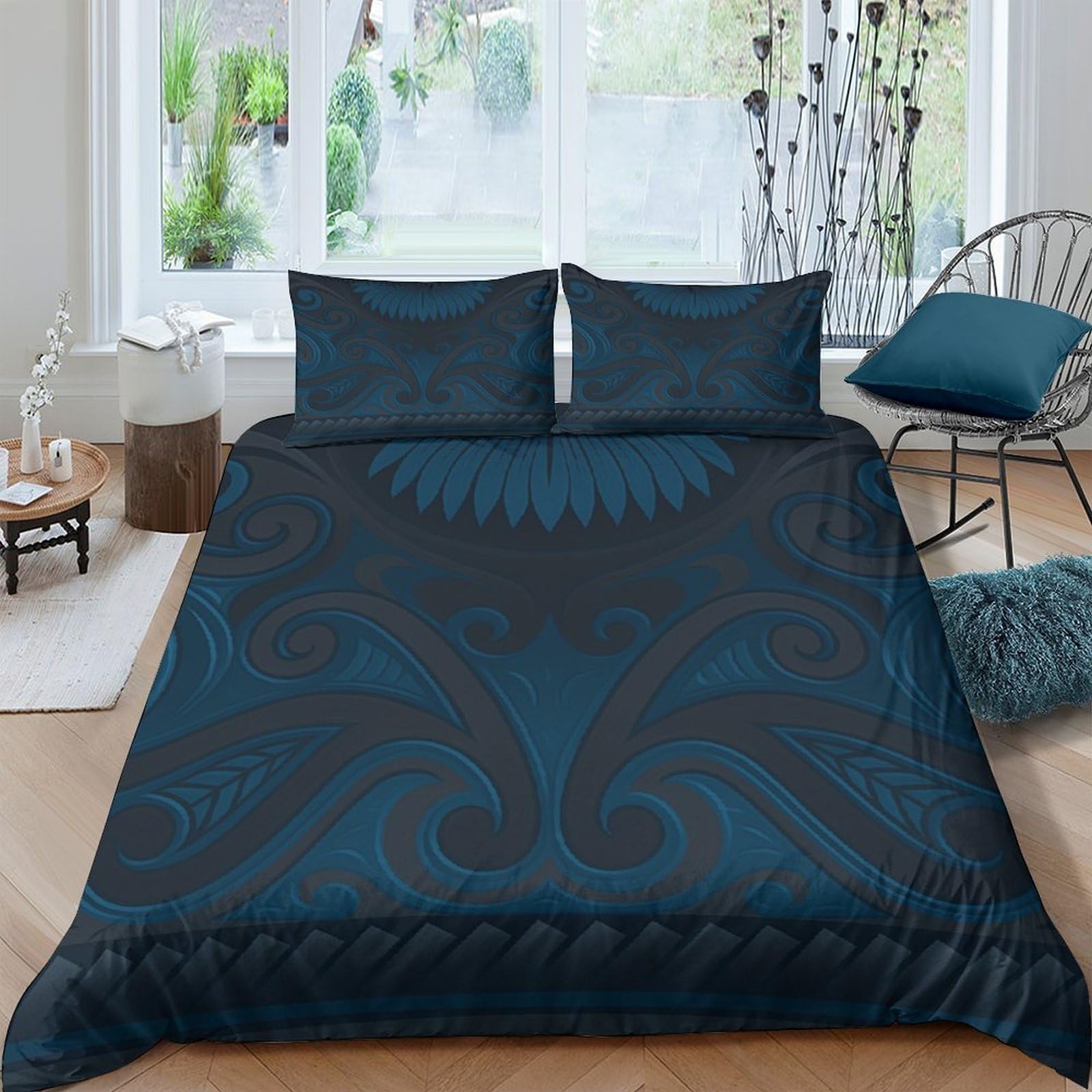 GPLZQXKJNH 3D Printed Dark Blue Swirl Duvet Cover Set Microfiber Soft Breathable Baroque Pattern Quilt Cover with 2 Pillowcases for Bedroom Home Single（135x200cm）