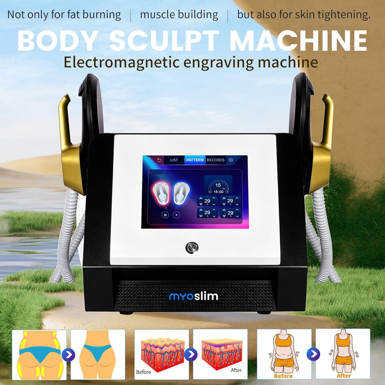 MYOslim EMS Körperformer Touchscreen, EMT+EMS Technologie, Fettreduzierung & Muskelstraffung, 2 Griffe, Grau,für Bauch, Hüften, Beine & Gesäß