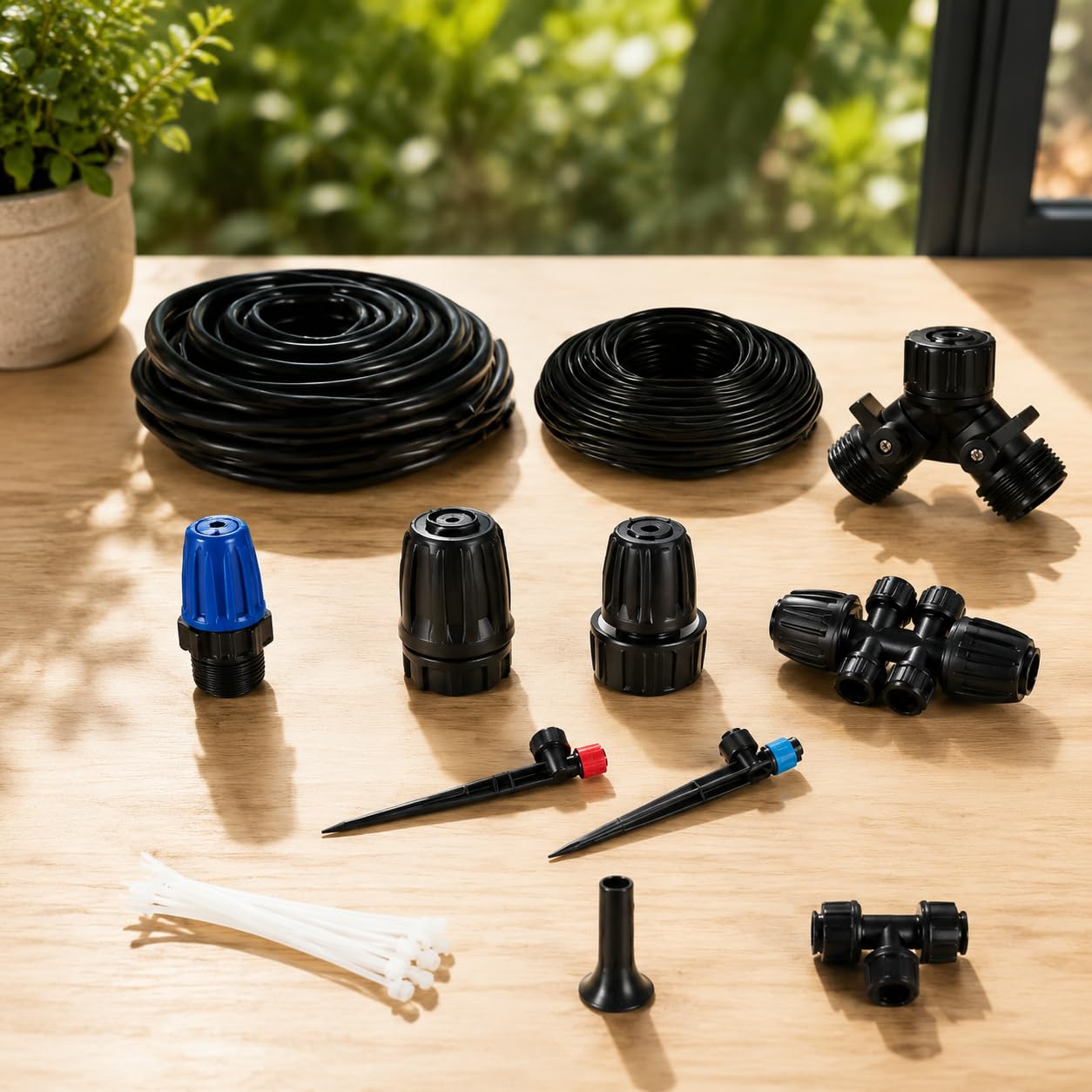 Kit Irrigazione a Goccia Automatico per Giardino, Impianto di Irrigazione Automatica con Raccordi Rapidi