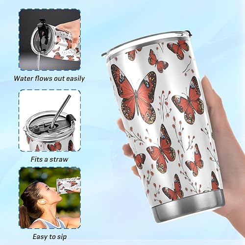 Miniatura 6 de Taza de café de acero inoxidable con diseño de mariposa roja, tapa a prueba de fugas y pajita para agua, té helado o café, vaso aislado al vacío