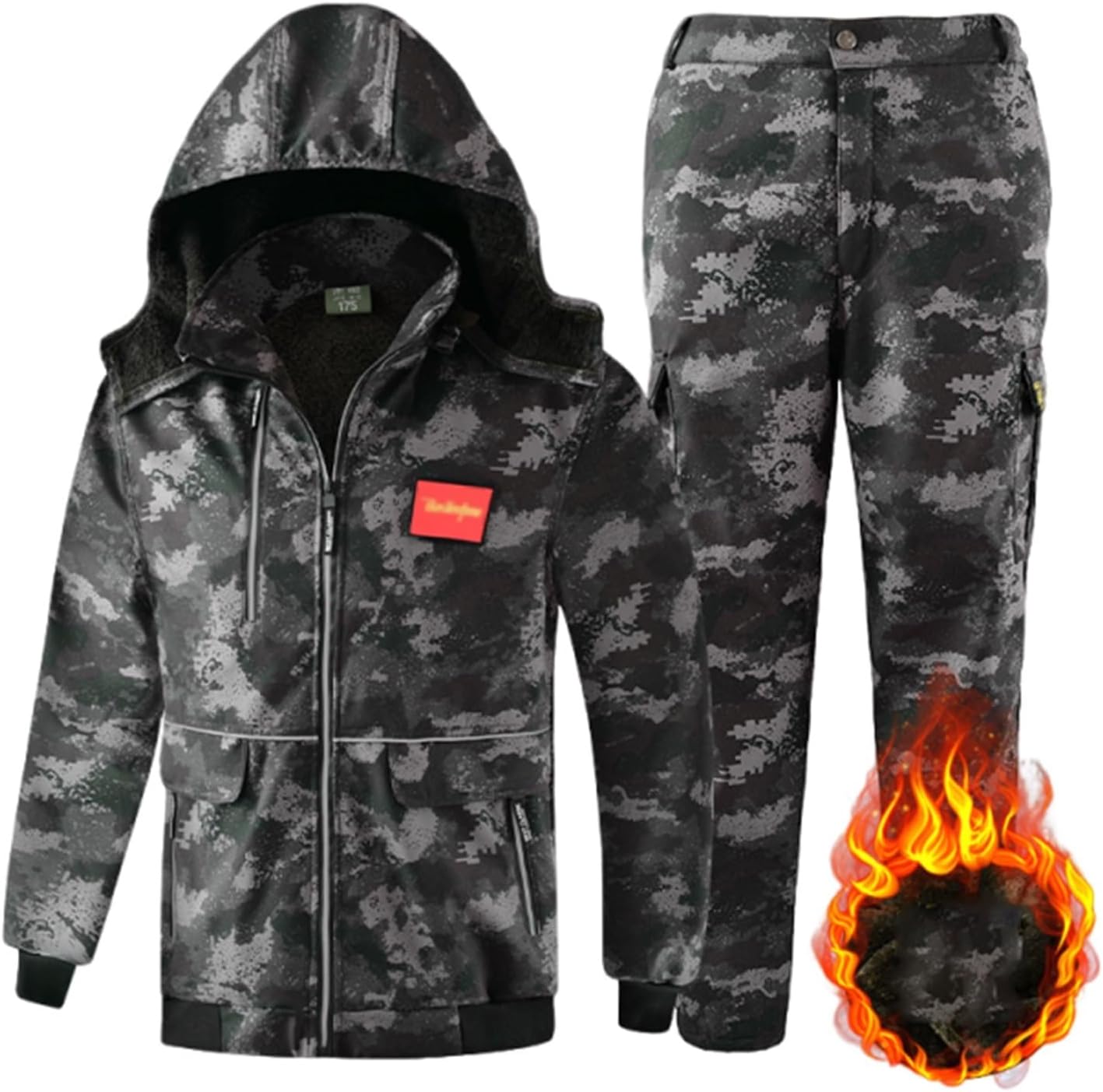 Winter Outdoor Ski Suit, Men's Camouflage Windproof Warm Wear-Resisting Hooded Ski Suit 2-Piece Set