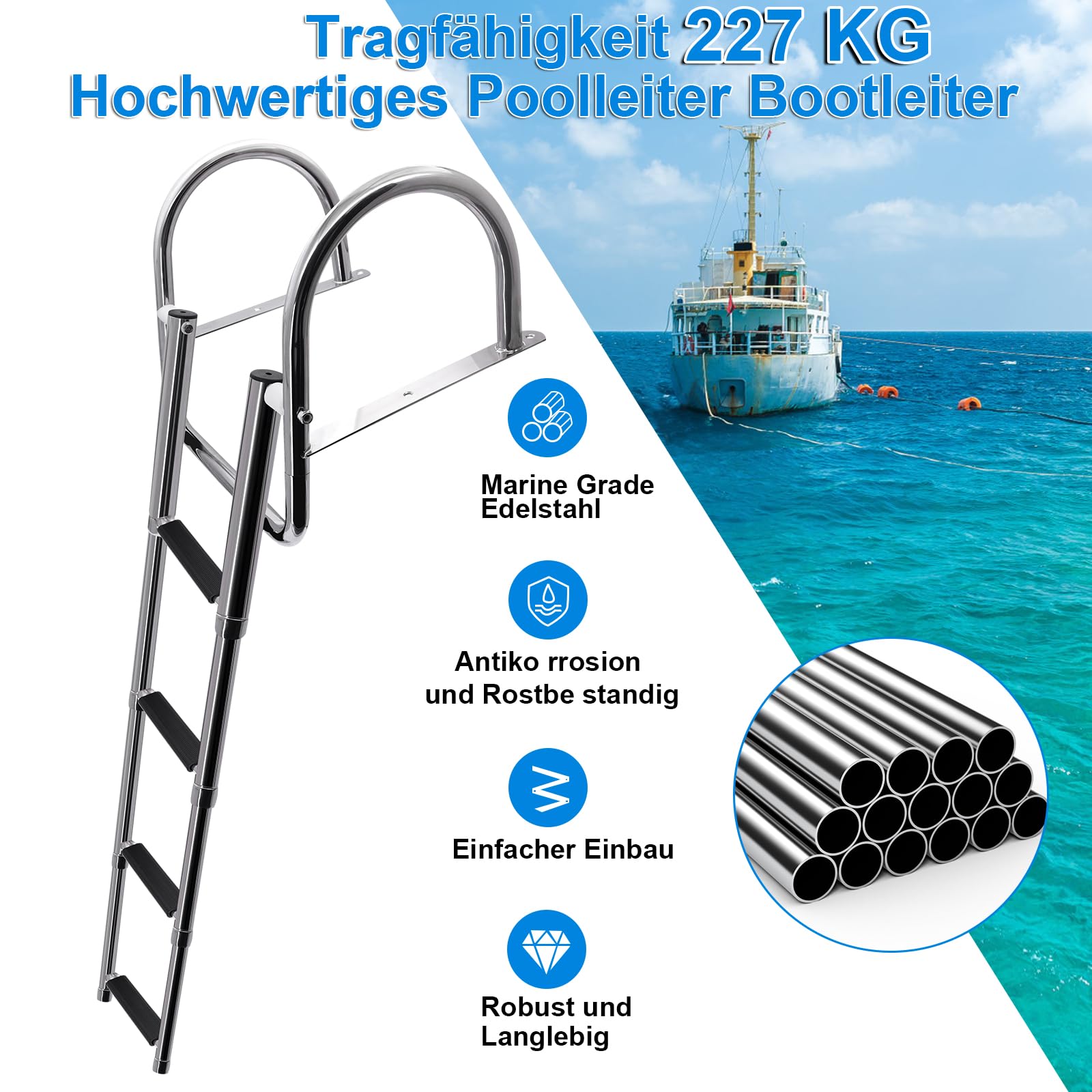 KAOLALI Scala per Barche 4 Gradini Scala per Piscina in Acciaio Inox, Scala da Bagno per Barche Pieghevole Telescopica con Grandi Maniglioni e Piolo Largo Portata 227 kg per Piscina Coperta Barca