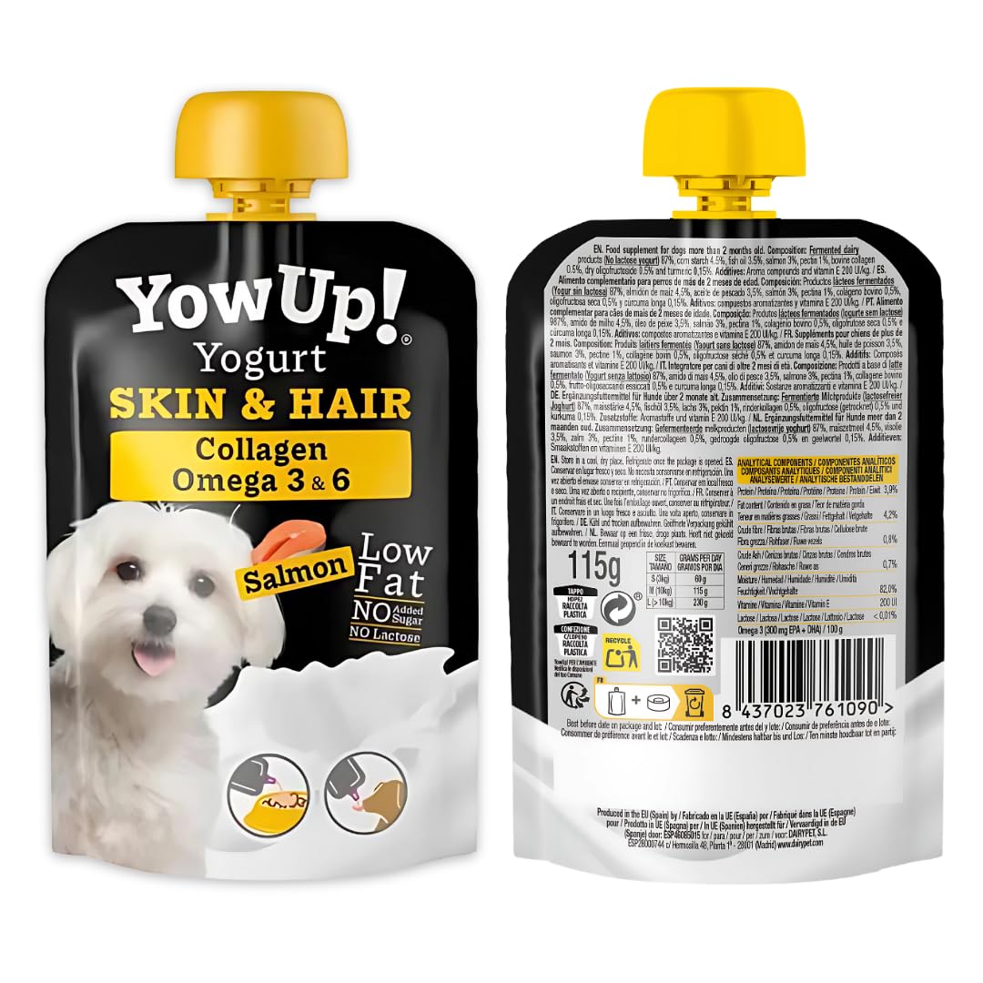 YowUp! Yogur para Perros Piel y Pelo | con Omega 3, 6 y Biotina | Pack Caja Display 10×115 g | Sin Lactosa, Sin Azúcares, Snack Funcional Saludable