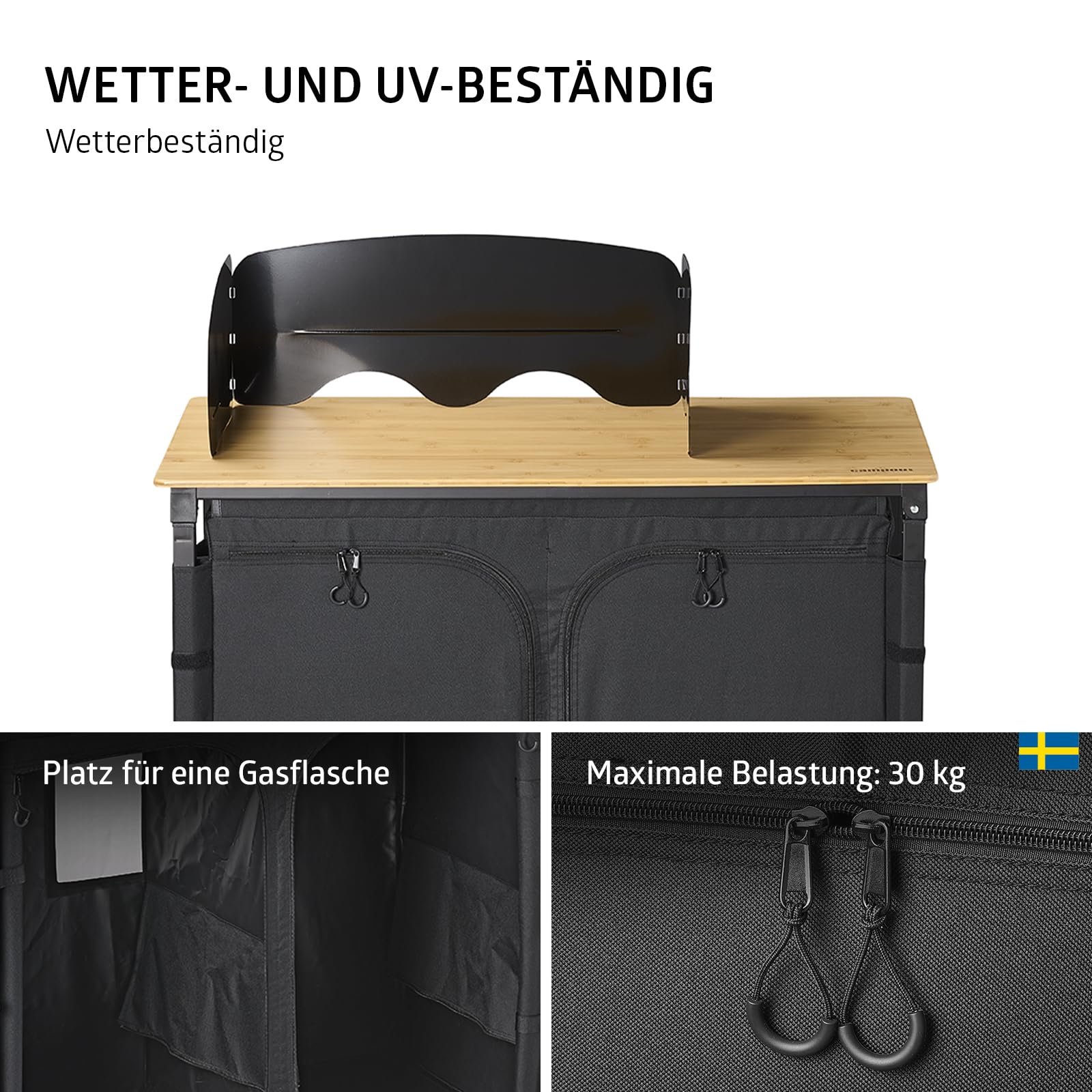 Campout Küchenzeile - 100 x 49 x 82,5 cm - Faltbare Campingküche - Outdoor Küche - Zusammenklappbare Campingschrank - Klappbar mit Stauraum - Platz für Gasflasche - Inkl. Tragetasche - Bambus