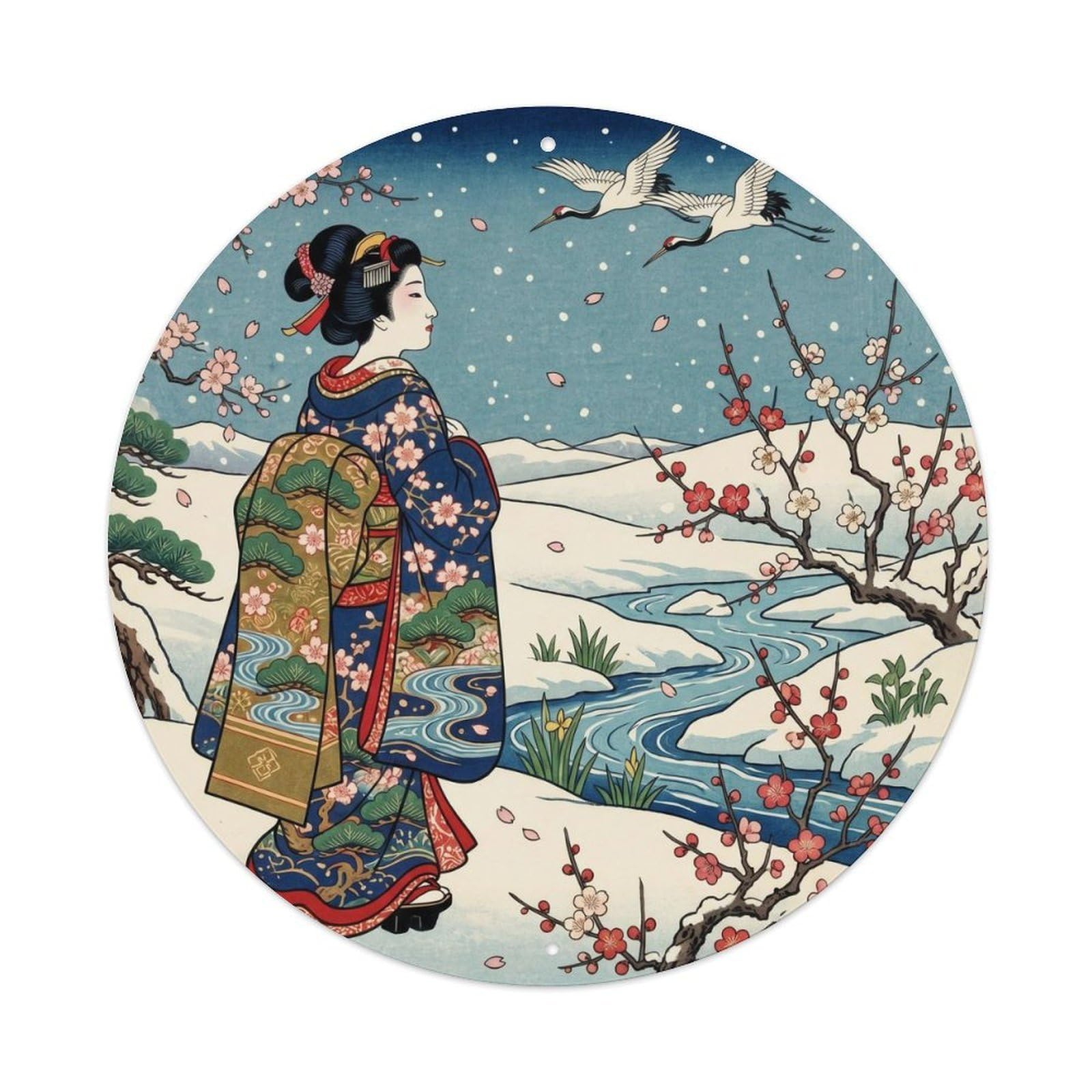Galvaxio Style Japanese Kimono Woman Observing Winter Spring Cycle Metal Tin Sign