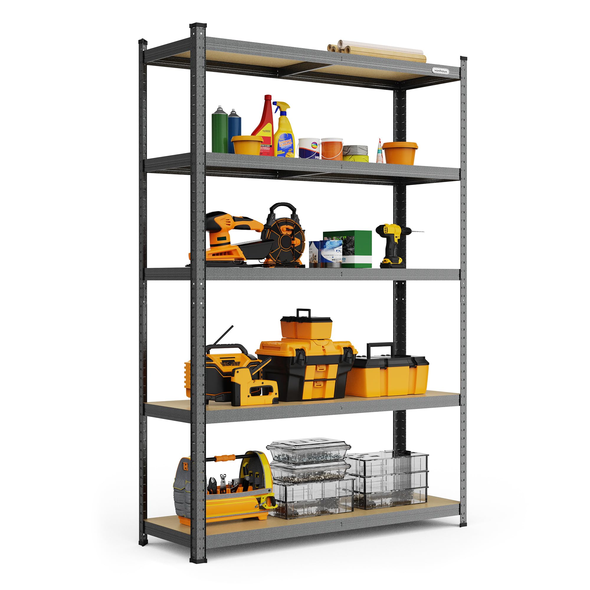 VonHaus Garage Shelving Unit - 1.8m Heavy Duty Racking for Home, Office, Shed and Garage Storage - 5-Tier Hammered Grey Shelving Units with 875Kg Total Capacity - 175kg Capacity Per Shelf
