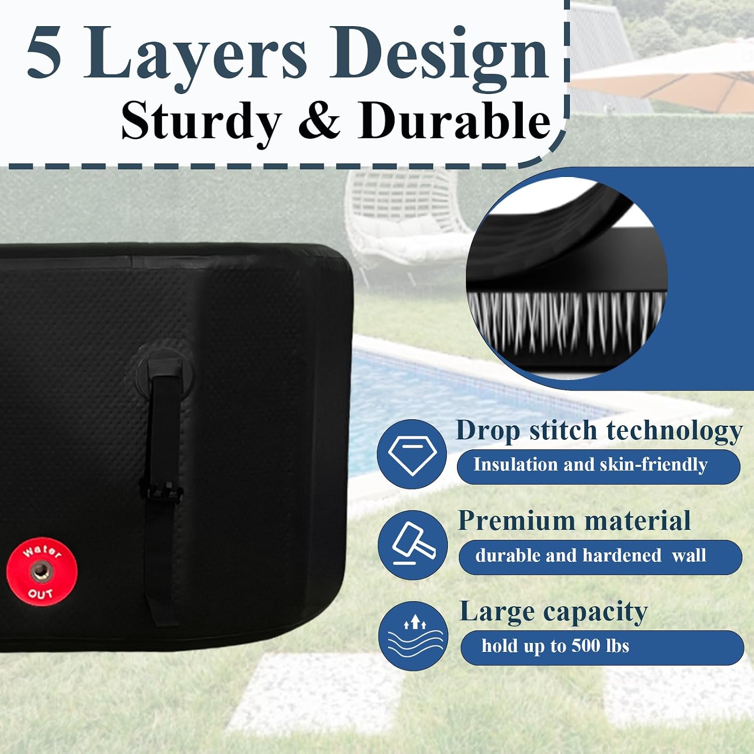 XXL 140-Gallon Inflatable Ice Bath Tub for Athletes - Compatible with Water Chillers. Insulated Lid & Portable Design for Indoor/Outdoor Recovery - 59.5"L x 31.5"W x 29.5"H