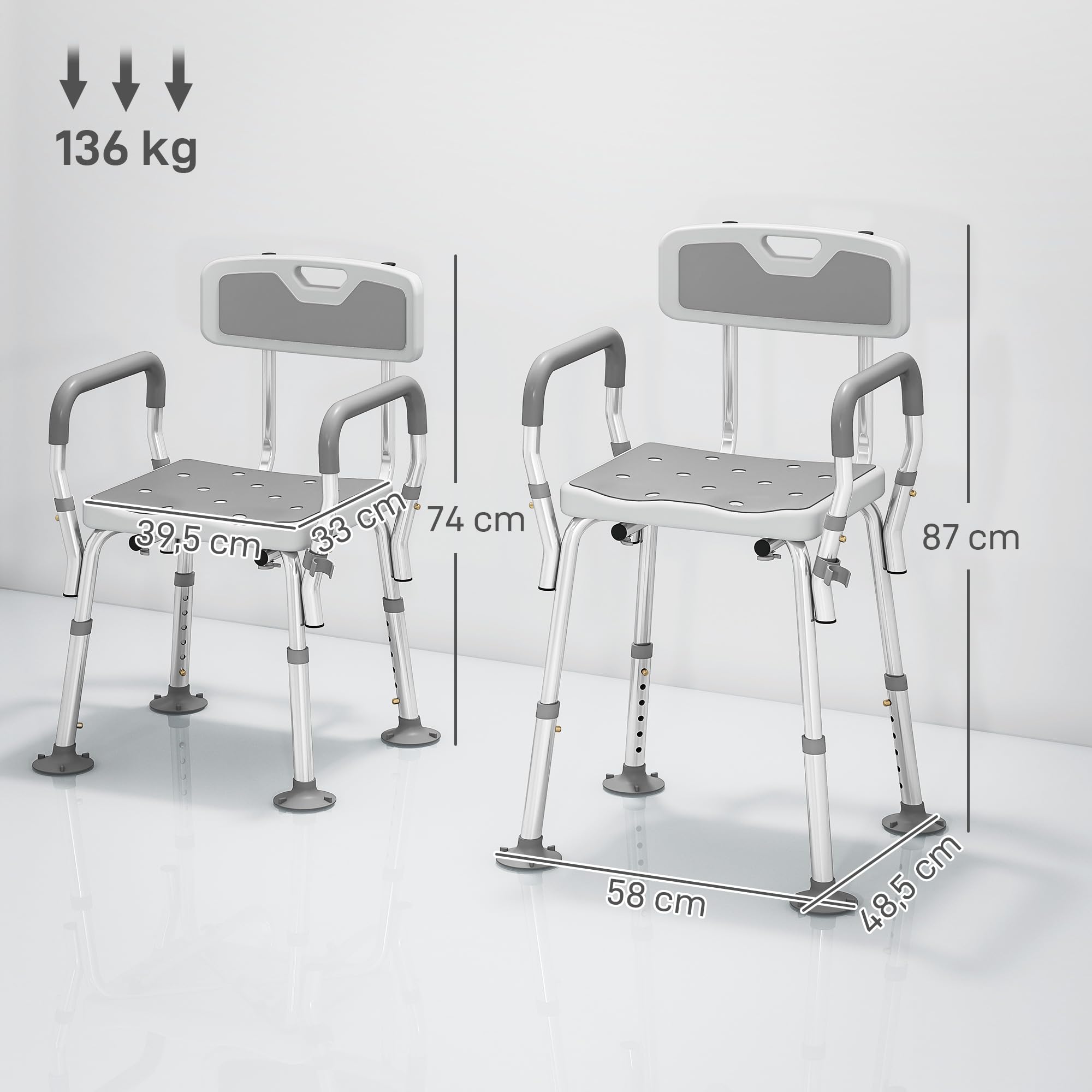 HOMCOM - Taburete de ducha ergonómico, altura ajustable, 136 kg, color gris claro | Silla de ducha, patas antideslizantes, Alu HDPE
