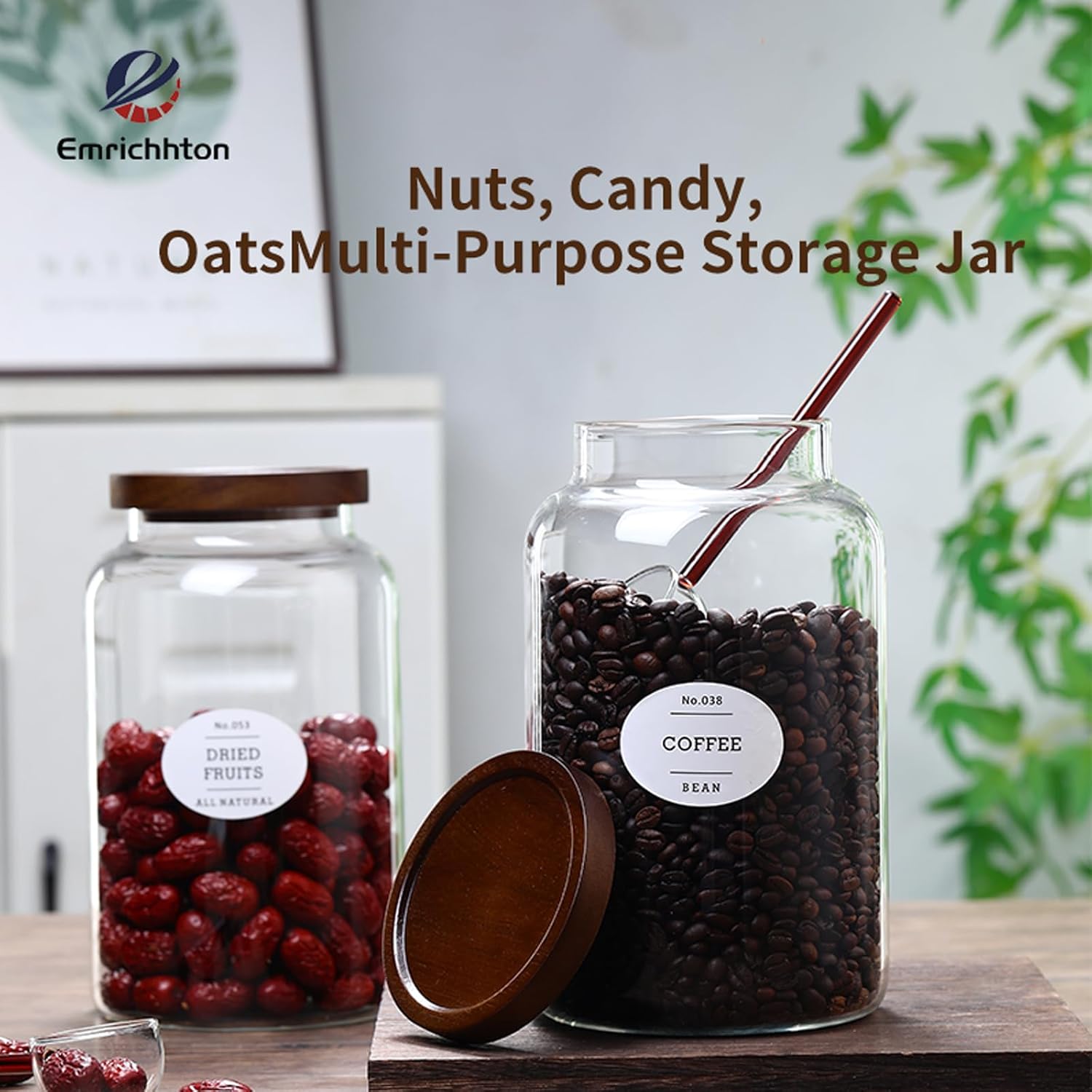 2-pack 3/4 gallon glass storage container with Acacia Wood Lids and glass spoon, Sealable Waterproof, Large Tall Glass Jar,Glass food storage Jars Set for Coffee bean, Nut, Candy, Cereal, Flour，sugar