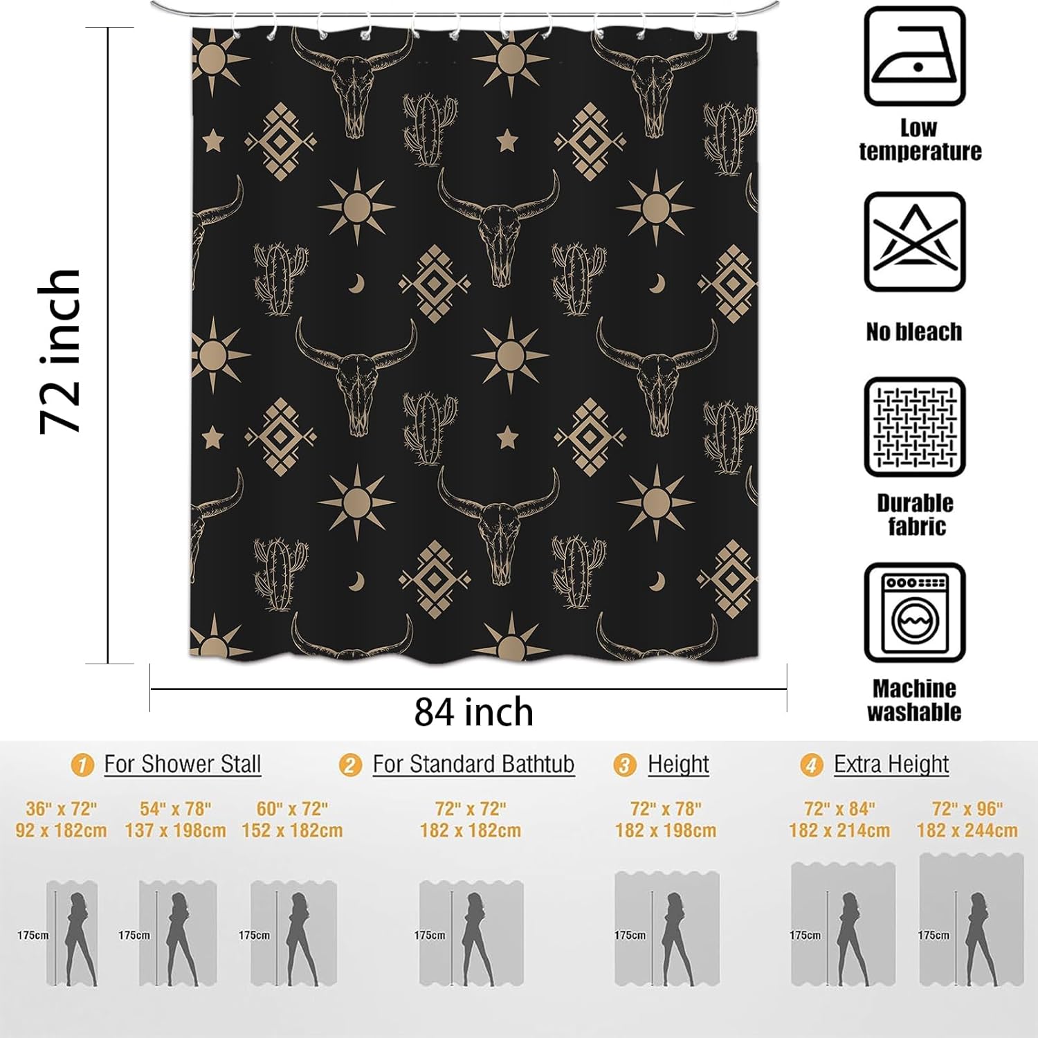Western Cow Skull Shower Curtain, Black Gold West Shower Curtain Set Cactus Cow Skull Farmhouse Bath Curtain, Polyester Fabric Waterproof Bathroom Accessory Set with 12 Hooks 72x84 inch
