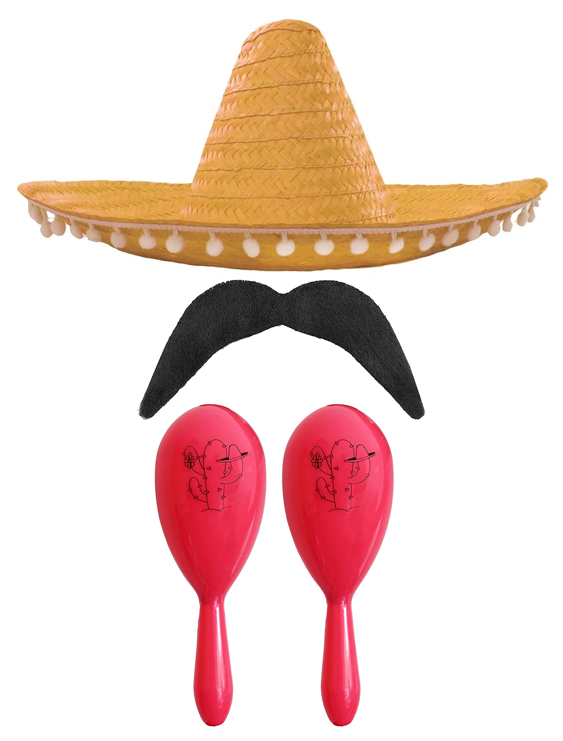 Adults Mexican Accessory Set - Natural Mexican Sombrero, Pink Maracas, Moustache - Mexican Cinco de Mayo Sensorita Bandit Mariachi Fancy Dress Costume Accessory Set