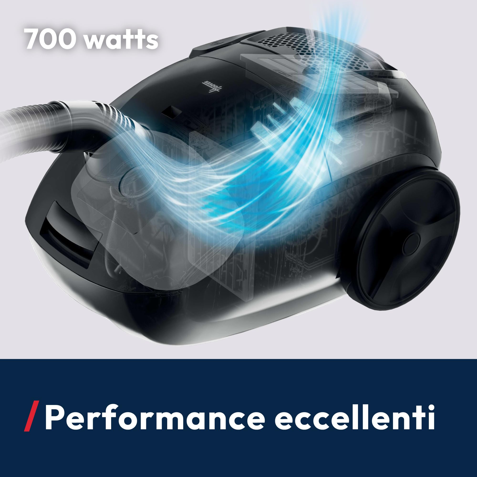 Hoover HE1 Aspirapolvere a traino con sacco compatto e potente per pavimenti duri e tappeti, Filtro per la polvere EPA, Capacità del sacco 2,5L, Accessori integrati, Raggio d'azione 7,5m [HEZ107HM]