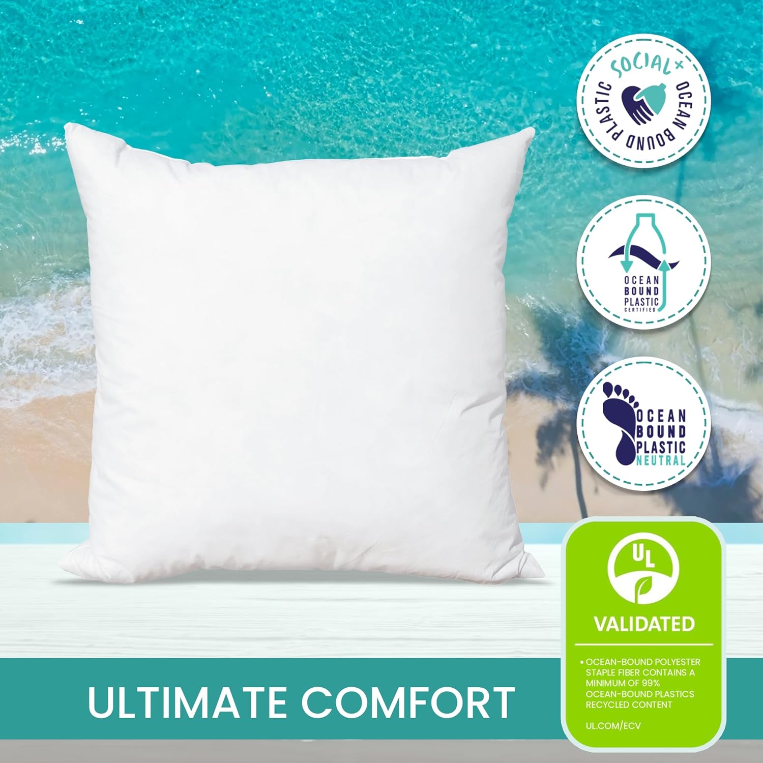 Pillowflex Plush Pillow Insert - Ocean Cycle New Life Synthetic Fiber Filling - 22x22 Machine Washable, Ultra Soft Throw Pillow, Large Sham Bed Sleeping Pillow - 1 Decorative Accent Form