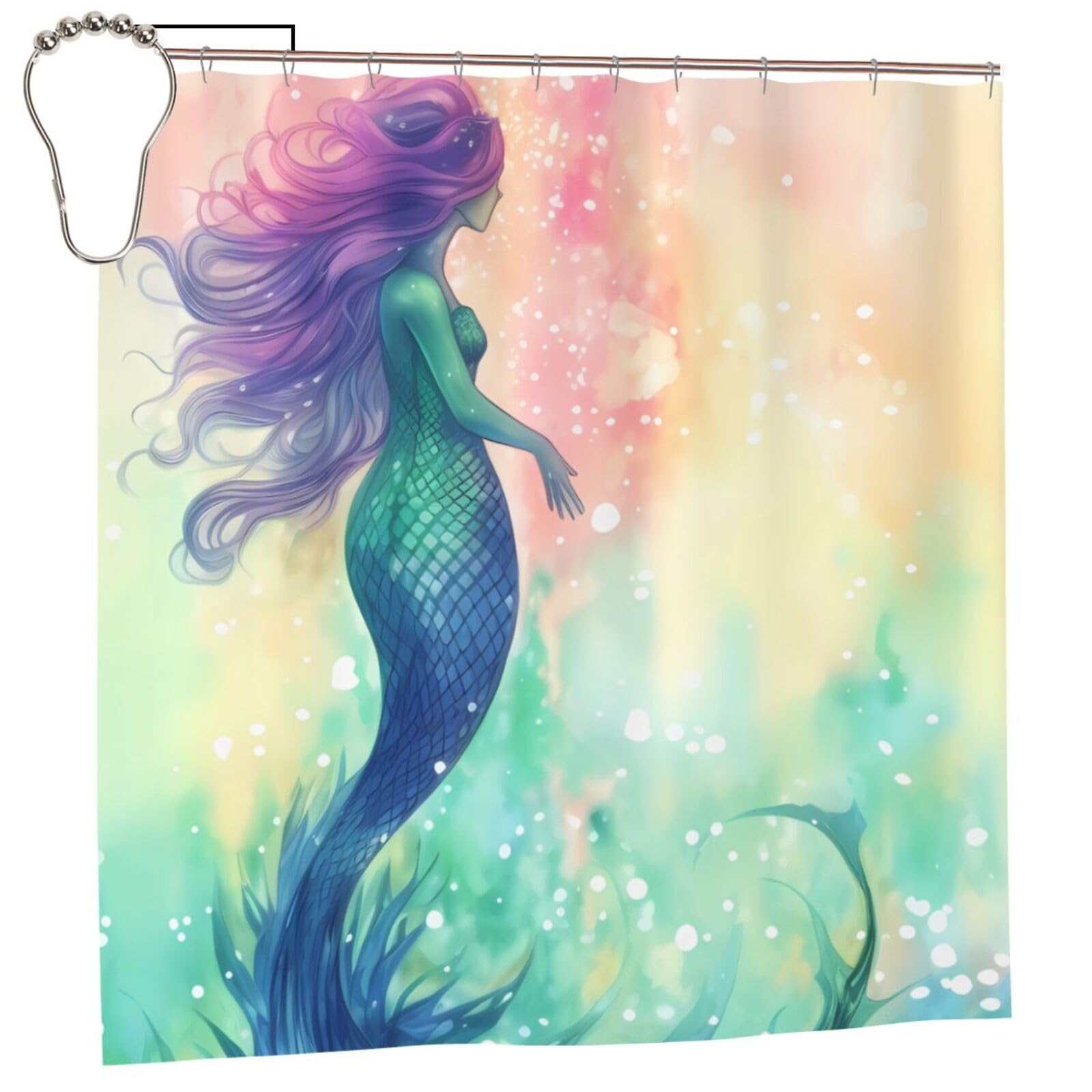 FodPand Beautiful Mermaid Tail Shower Curtain 70"x70" Waterproof Long Bathroom Curtain Heavy Duty Thick Cloth Bath Curtain Set with Hooks, Modern Abstract Art Pattern Bathroom Shower Curtains