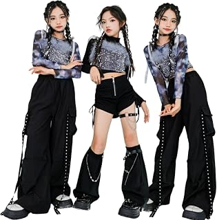 [Raineed] キッズダンス衣装 タイダイ柄 ステージ衣装 ヒップホップ ガールズ 黒 トップス チョッキ パンツ ショート丈 韓国風 子供服 k-pop 女の子 スパンコール セットアップ キッズ 演出服
