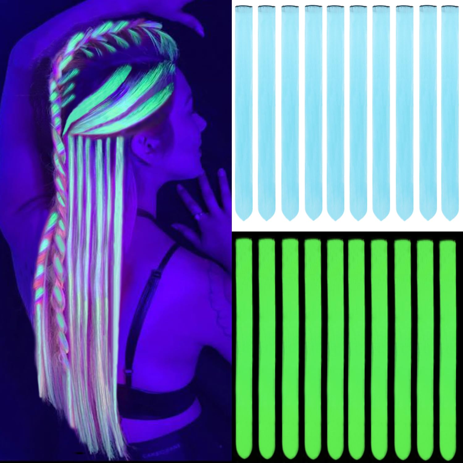Orgwigs Light Blue Glow in the Dark Clip In Hair Extensions 20 Inch Synthetic Highlight Hair Accessories 10PCS