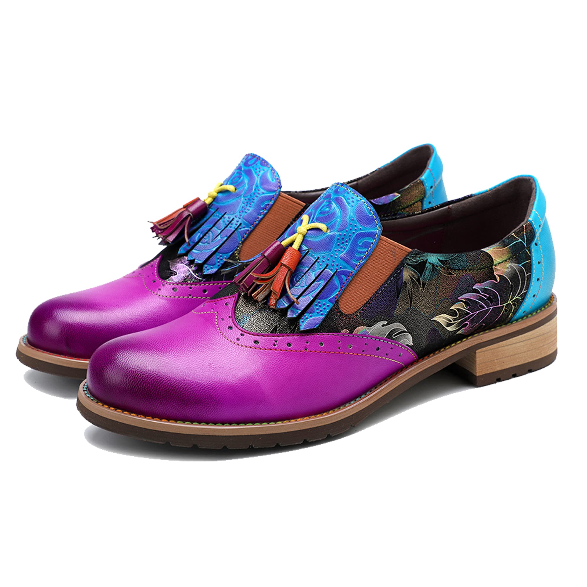Women's Handmade Lambskin Oxford Loafers Shoes with Retro Ethnic Printed Style, Brock Design for Casual and Fashion Collegiate Style
