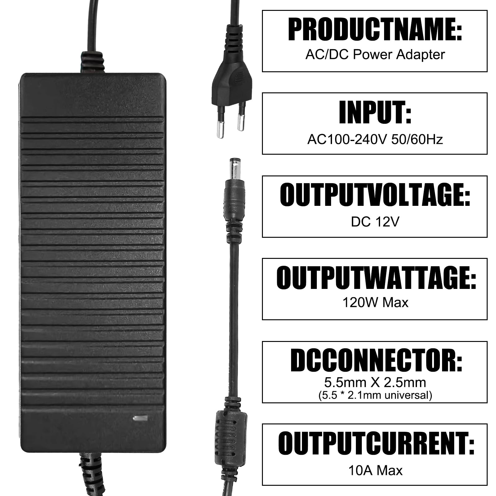 12V 10A Voedingsadapter – AC 100-240V Naar DC 12V, 240W, Met 5,5x2,5mm Jack, Geschikt Voor LED-strips, Camera's, Monitors, Routers En Printers