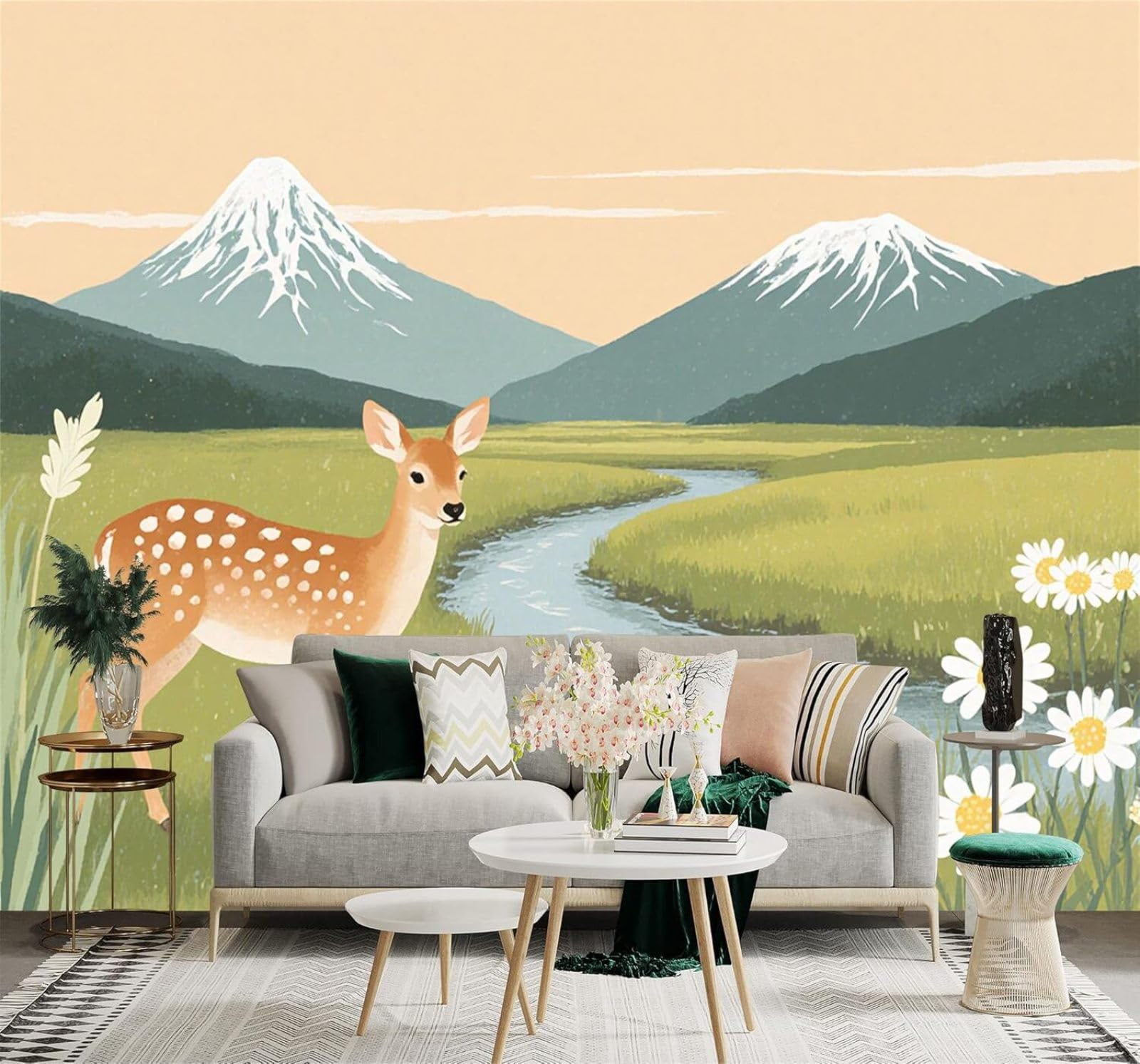 Xlming 300Cm×210Cm(B×H) River Meadow Sika Deer Snow Capped Mountains Wildflowers 3D Wallpaper Premium Textured Silk Study Dining Living Room Bedroom Sofa Tv Wall Easy Install-300Cm×210Cm
