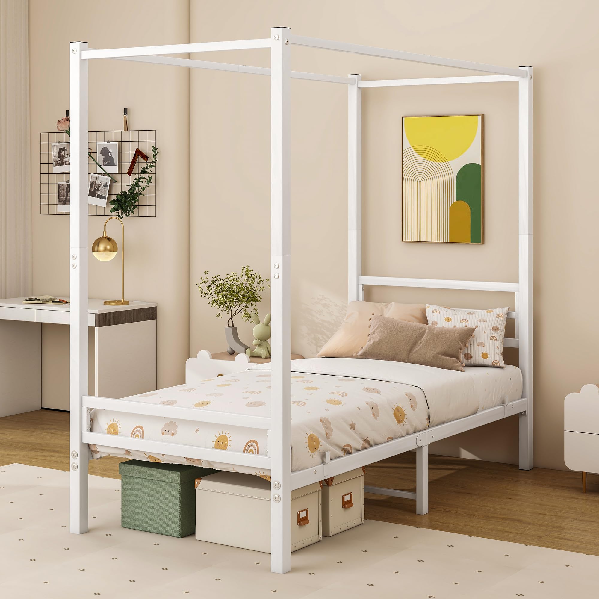 FOUBAM 3FT Single Canopy Bed Frame, 90x200cm Bed Frame Platform with Headboard, Heavy Duty Metal Vintage Bed Frame Single Size, Platform Mattress Foundation,Noise Free, Easy Assembly, White