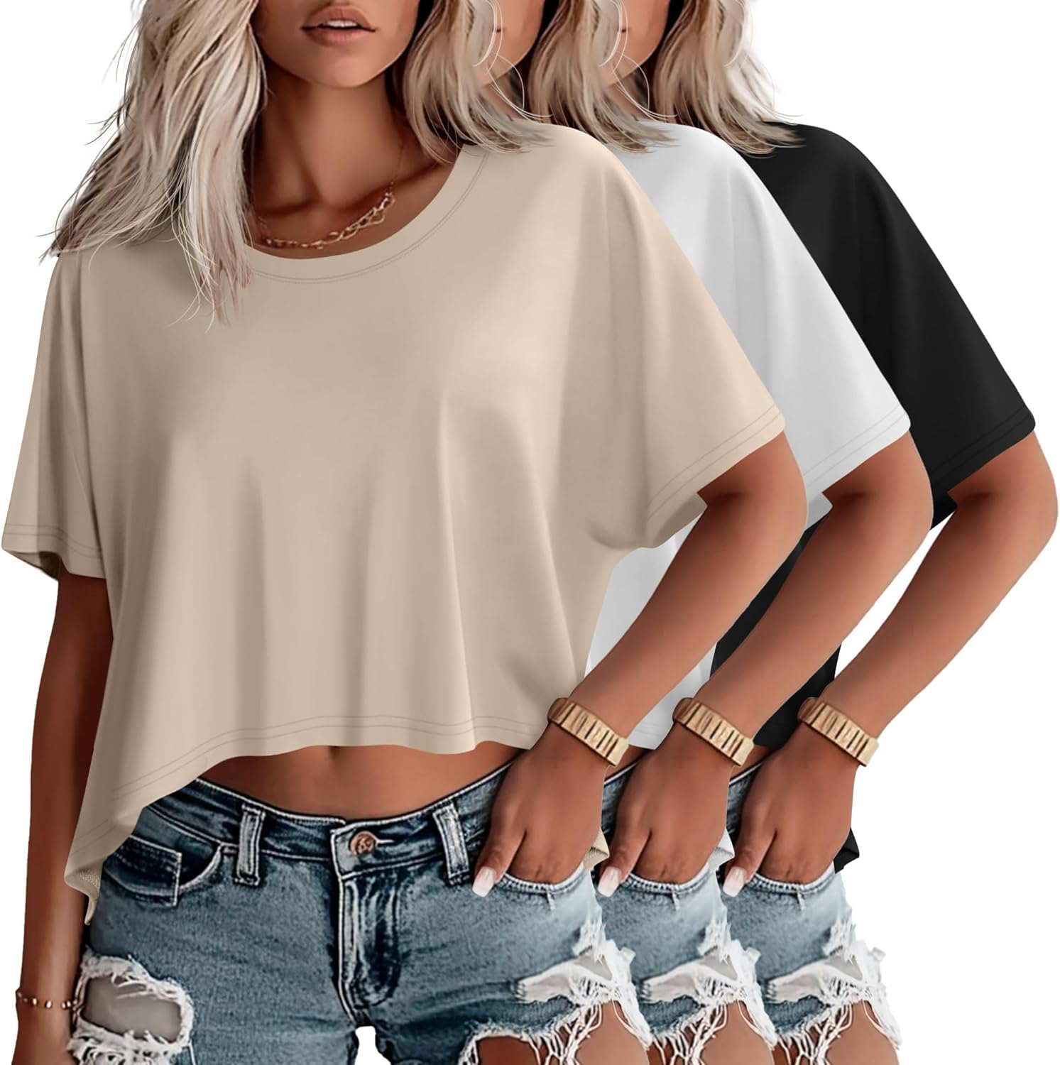 Huukeay 3 Pack Women's Oversized Cropped T Shirts Short Sleeve Loose Summer Crop Tops Casual Crewneck Irregular Hem Baggy Tee
