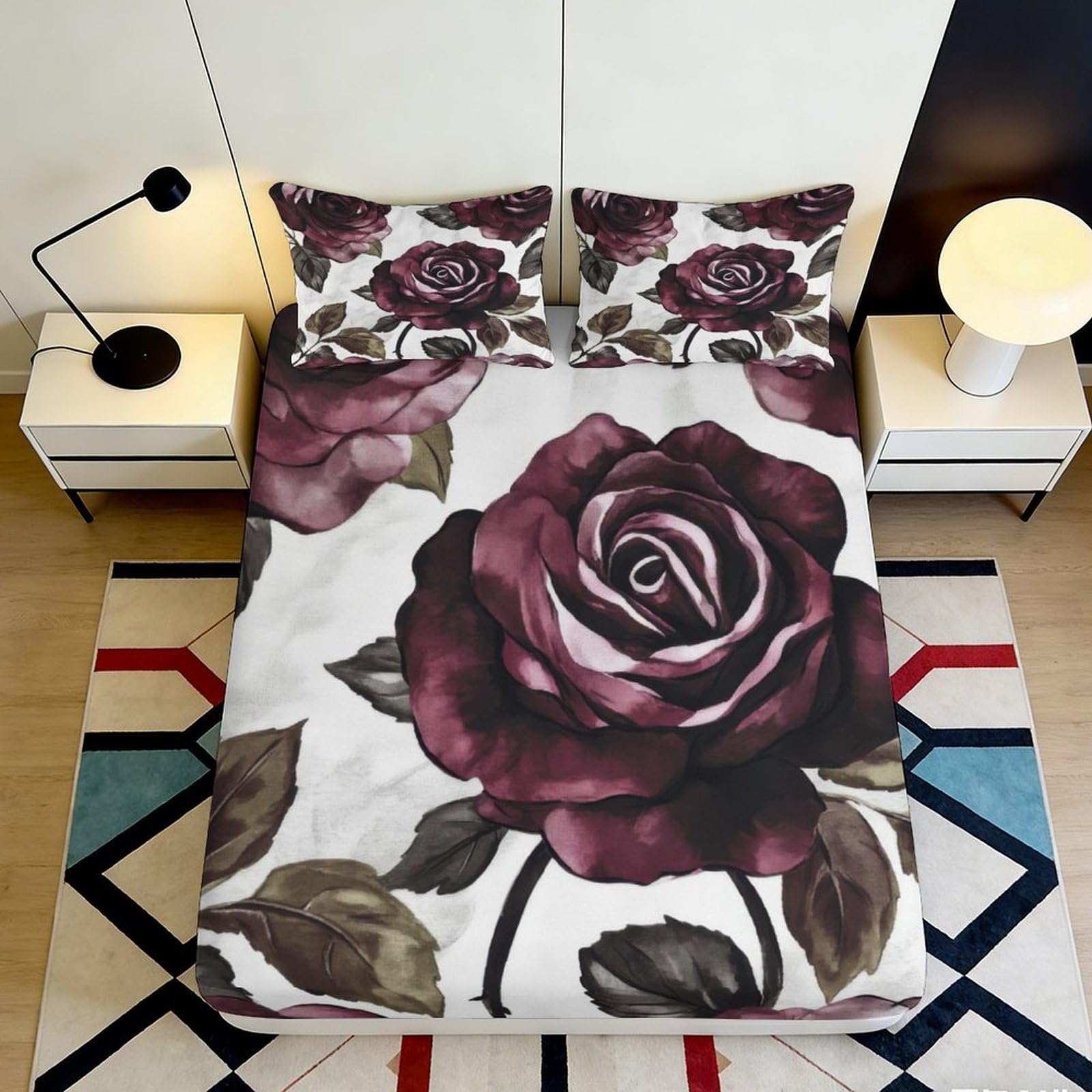 Pnayamiorkfel Style-10 3D Printed Burgundy Rose Fitted Sheet Microfiber Soft Floral Bed Sheet For Bedroom Guest Room Mattress Decor 90X200x25cm