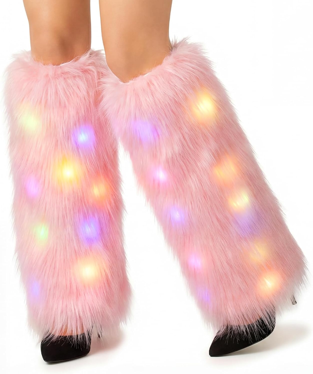 Bonuci Faux Fur Fuzzy Leg Warmers with LED Lights Halloween Rave Furry Costume Fluffy Boot Covers Christmas Women Cosplay